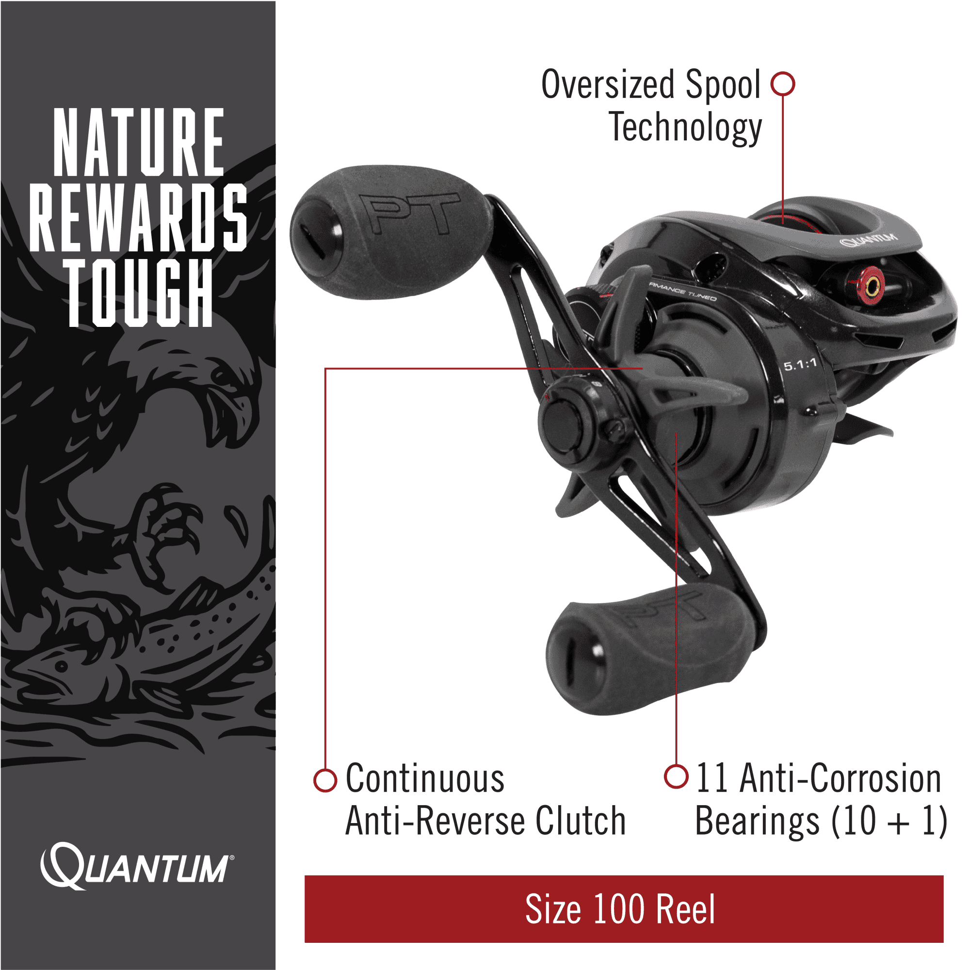 Quantum Smoke Baitcast Fishing Reel, Size 100 Reel, Right-Hand Retrieve, Large EVA Handle Knobs and Continuous Anti-Reverse Clutch, 10+1 Bearings, 5.1:1 Gear Ratio, Black