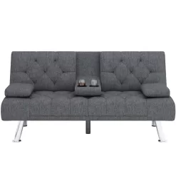 Homfa Convertible Futon Sofa Bed Couch, Folding Sleeper Upholstered Sofa with Removable Armrests and 2 Cup Holders, Dark Gray