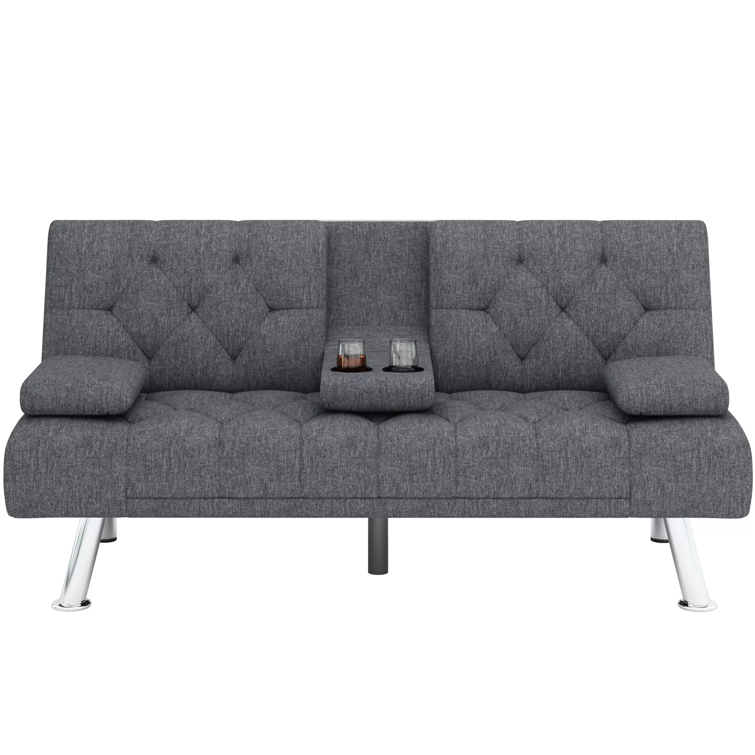 Homfa Convertible Futon Sofa Bed Couch, Folding Sleeper Upholstered Sofa with Removable Armrests and 2 Cup Holders, Dark Gray