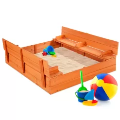 Best Choice Products 47x47-Inch Kids Wooden Outdoor Sandbox w/ 2 Foldable Bench Seats, Liner - Brown