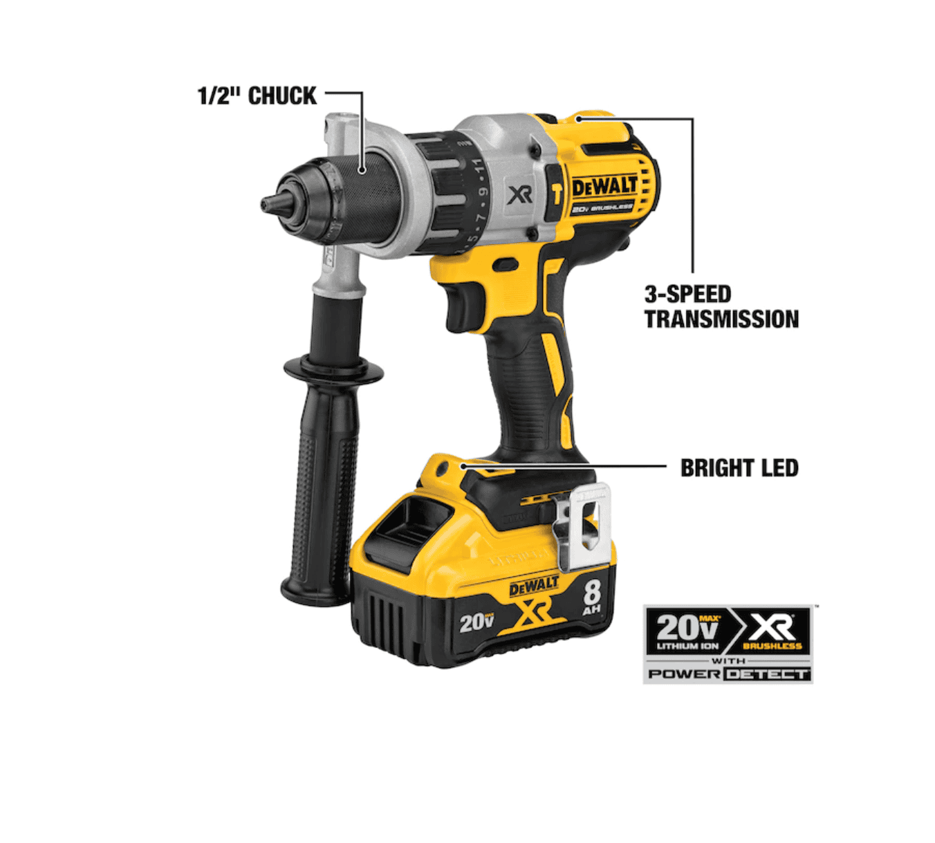 DEWALT Drill DCD998W1 XR POWER DETECT 1/2-in 20-volt Max-Amp Variable Speed Brushless Cordless - Hammer Drill (1-Battery Included) - Image 7