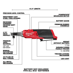 Milwaukee 2554-20-2567-20-2560-20 M12 FUEL 12V Li-Ion Cordless 3/8 in. Impact Wrench w/3/8 in. High Speed Ratchet and 3/8 in. Extended Reach Ratchet