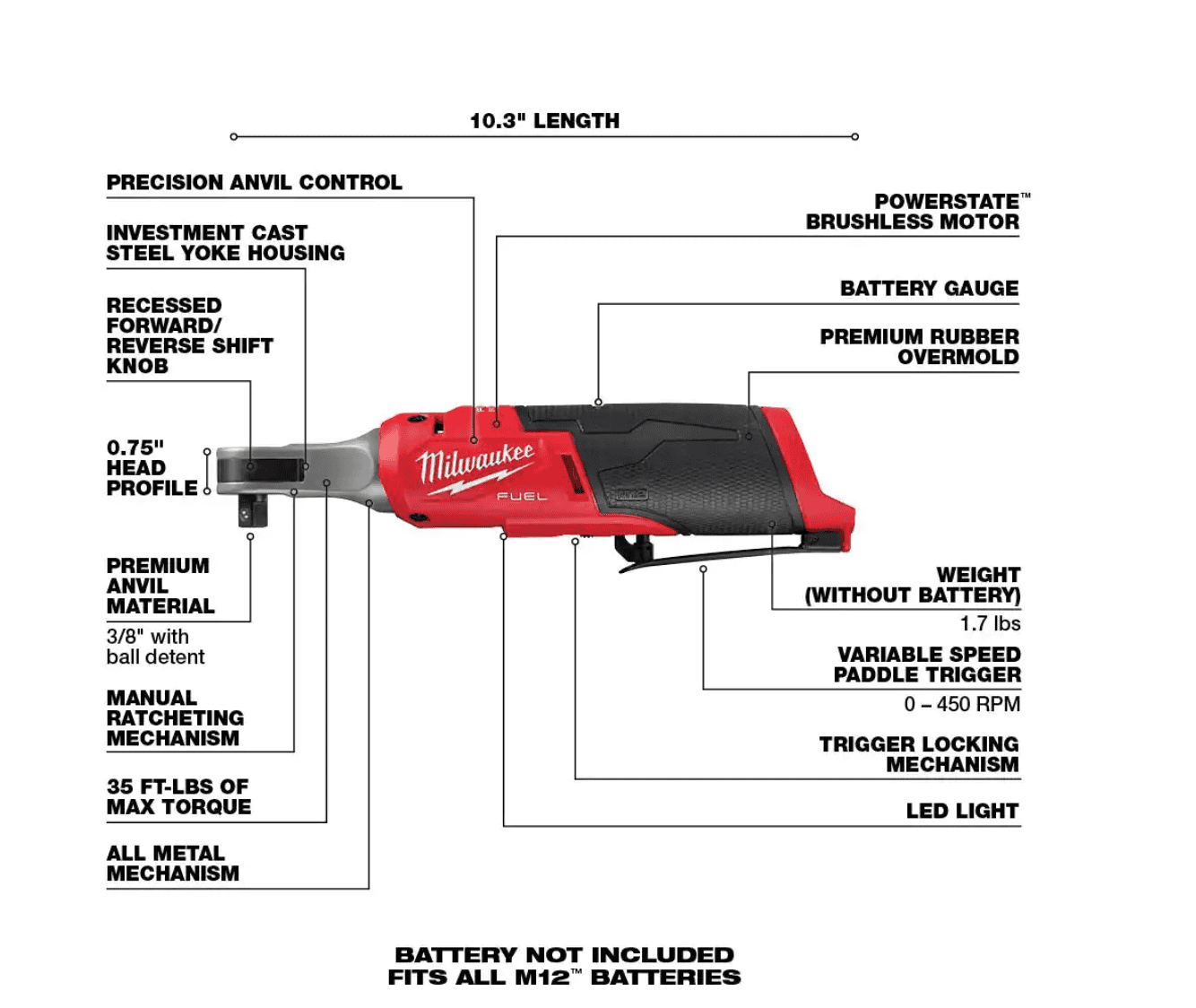 Milwaukee 2554-20-2567-20-2560-20 M12 FUEL 12V Li-Ion Cordless 3/8 in. Impact Wrench w/3/8 in. High Speed Ratchet and 3/8 in. Extended Reach Ratchet