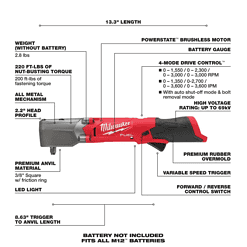 Milwaukee 2554-20-2564-20-2567-20 M12 FUEL 12V Li-Ion Brushless Cordless Stubby 3/8 in