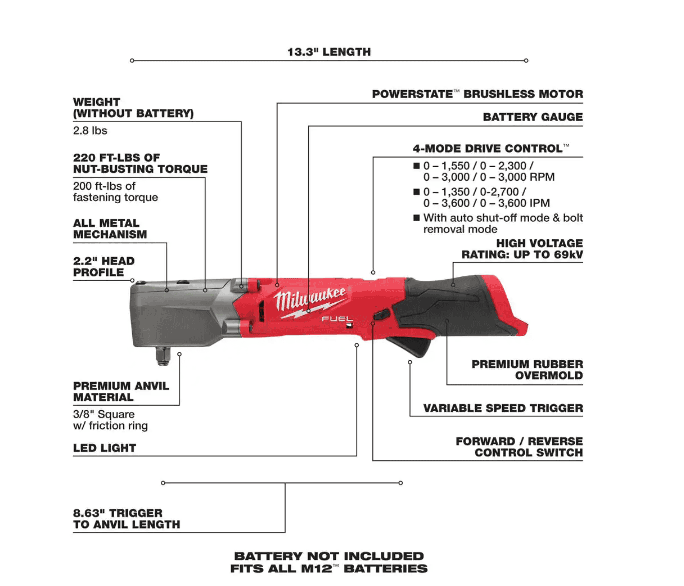 Milwaukee 2554-20-2564-20-2567-20 M12 FUEL 12V Li-Ion Brushless Cordless Stubby 3/8 in