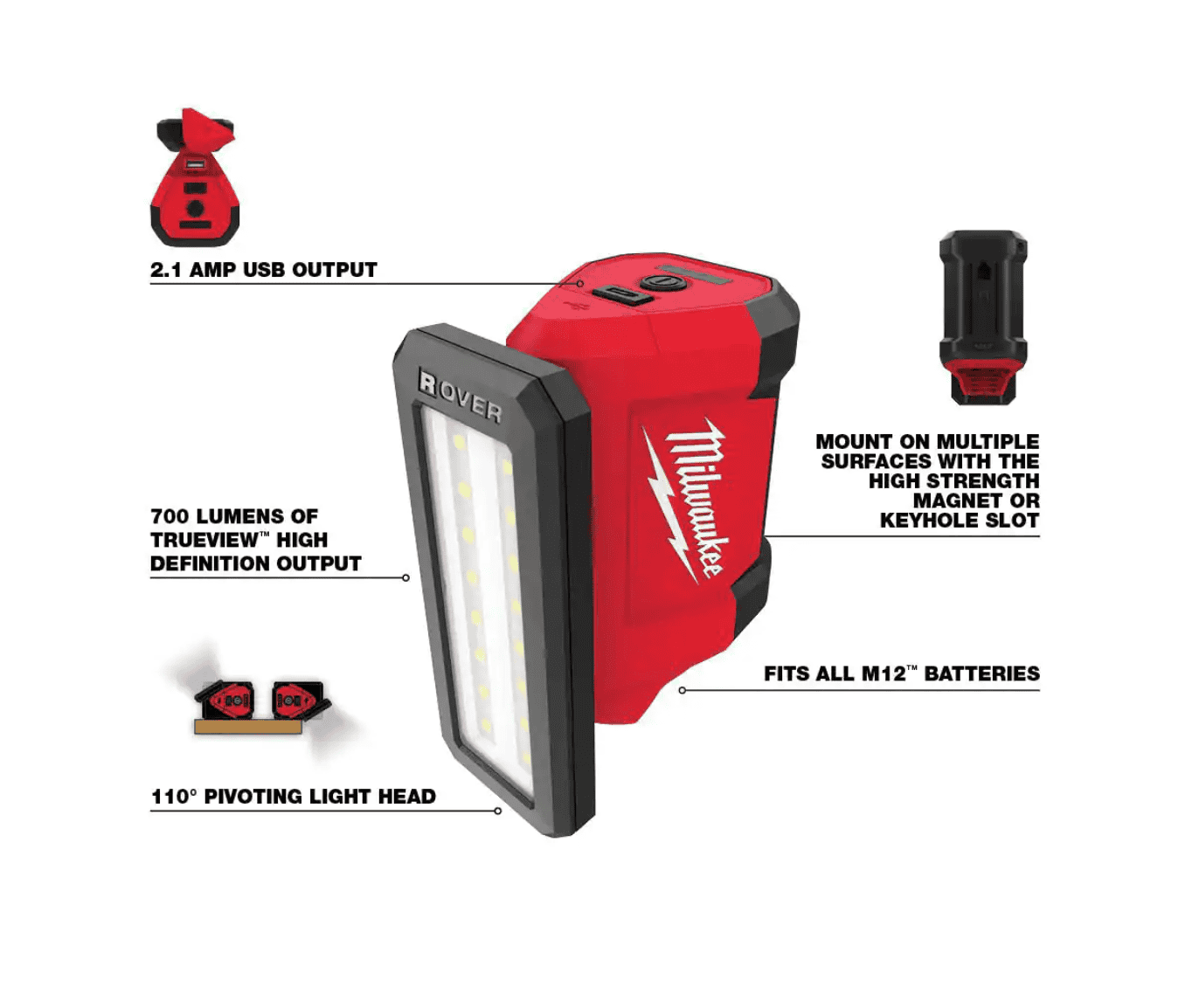 Milwaukee 2554-20-2367-20 M12 FUEL 12V Lithium-Ion Brushless Cordless Stubby 3/8 in. Impact Wrench with M12 Rover Flood Light