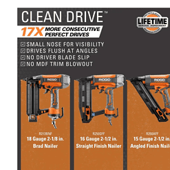 RIDGID R250AFF Pneumatic 15-Gauge 2-1/2 in. Angled Finish Nailer with CLEAN DRIVE Technology, Tool Bag, and Sample Nails