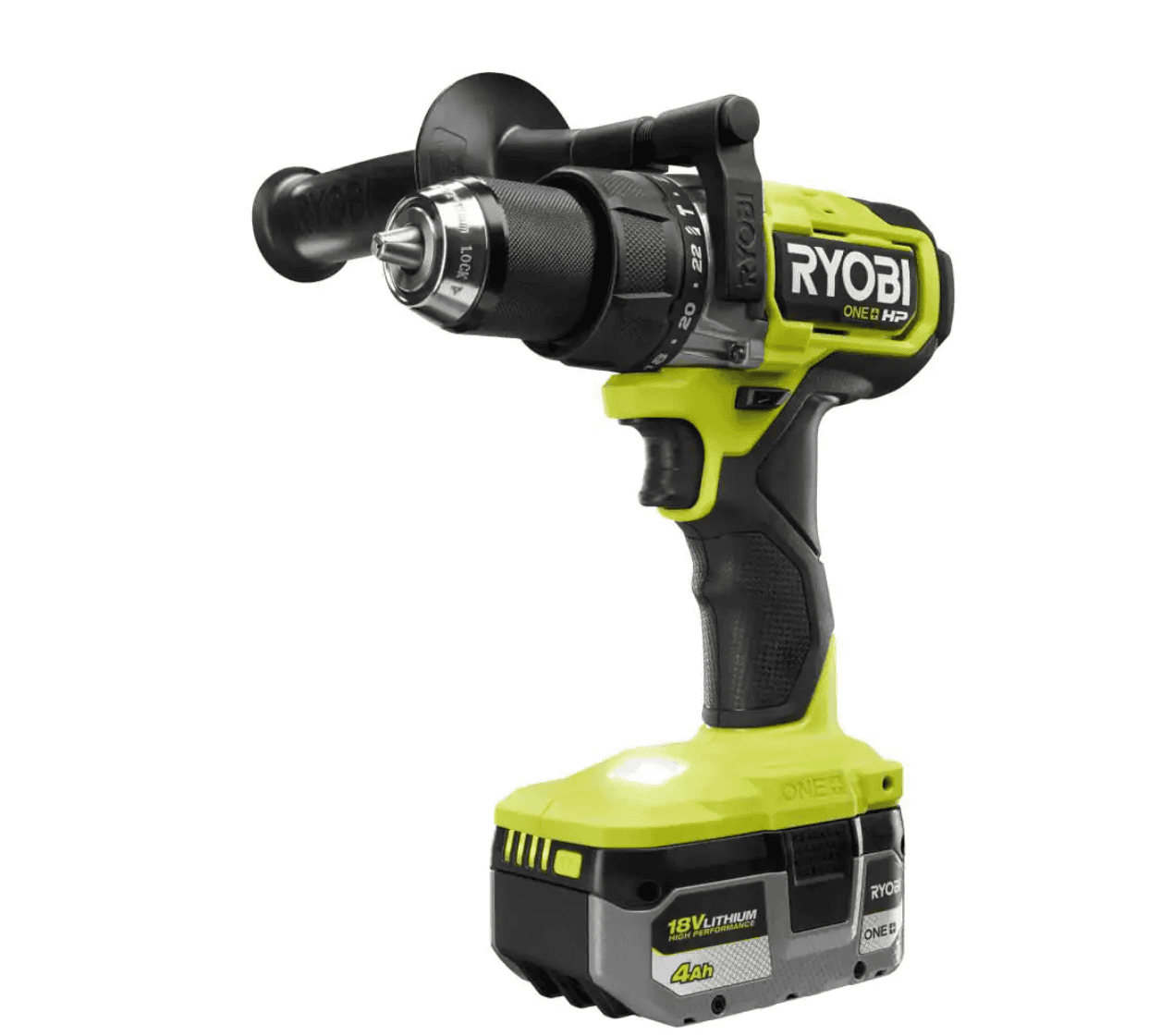RYOBI PBLHM101K ONE+ HP 18V Brushless Cordless 1/2 in. Hammer Drill Kit with (1) 4.0 Ah High Performance Battery, Charger, and Tool Bag