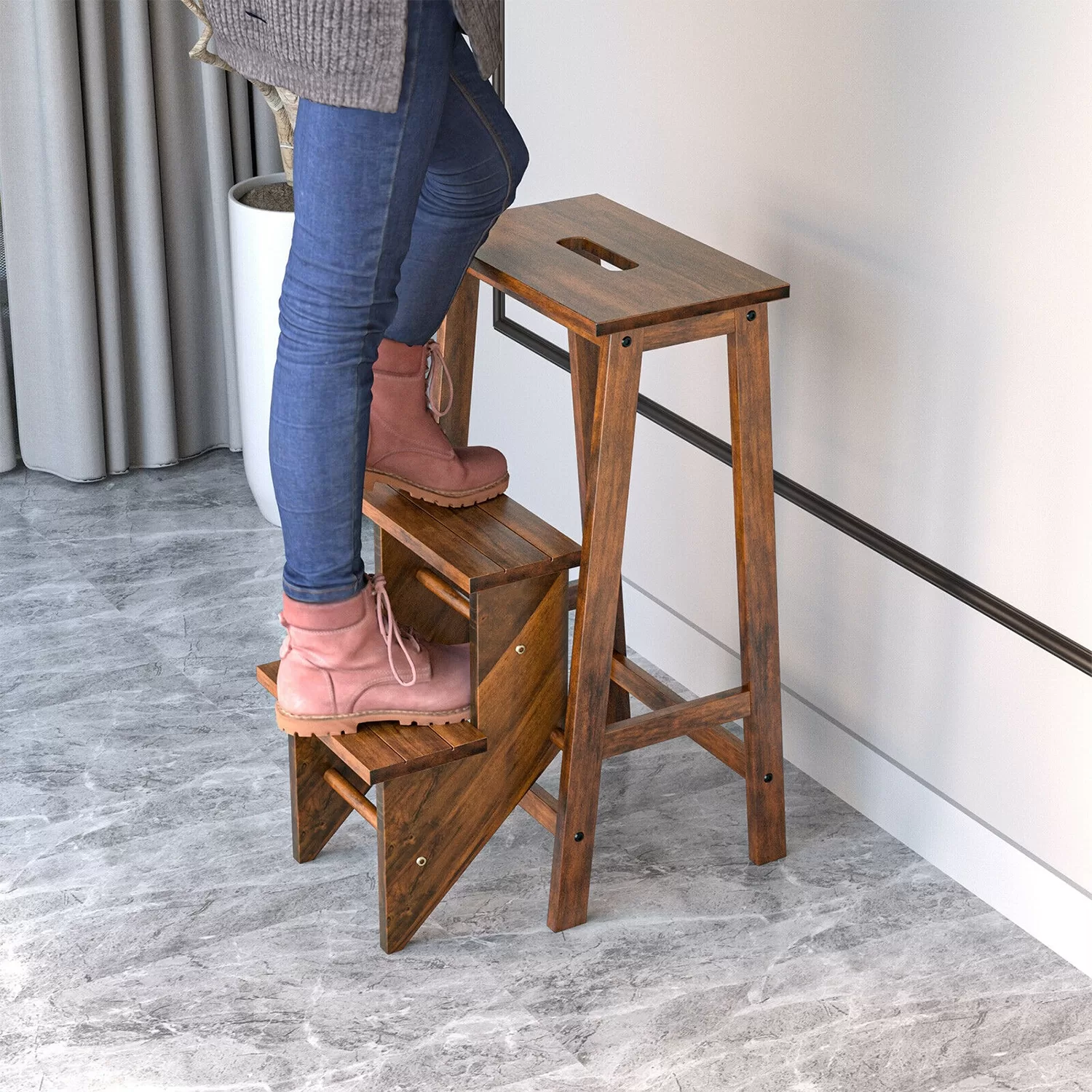 WELLFOR 3-Step 200-lb Capacity Brown Wood Foldable Step Stool - Image 8