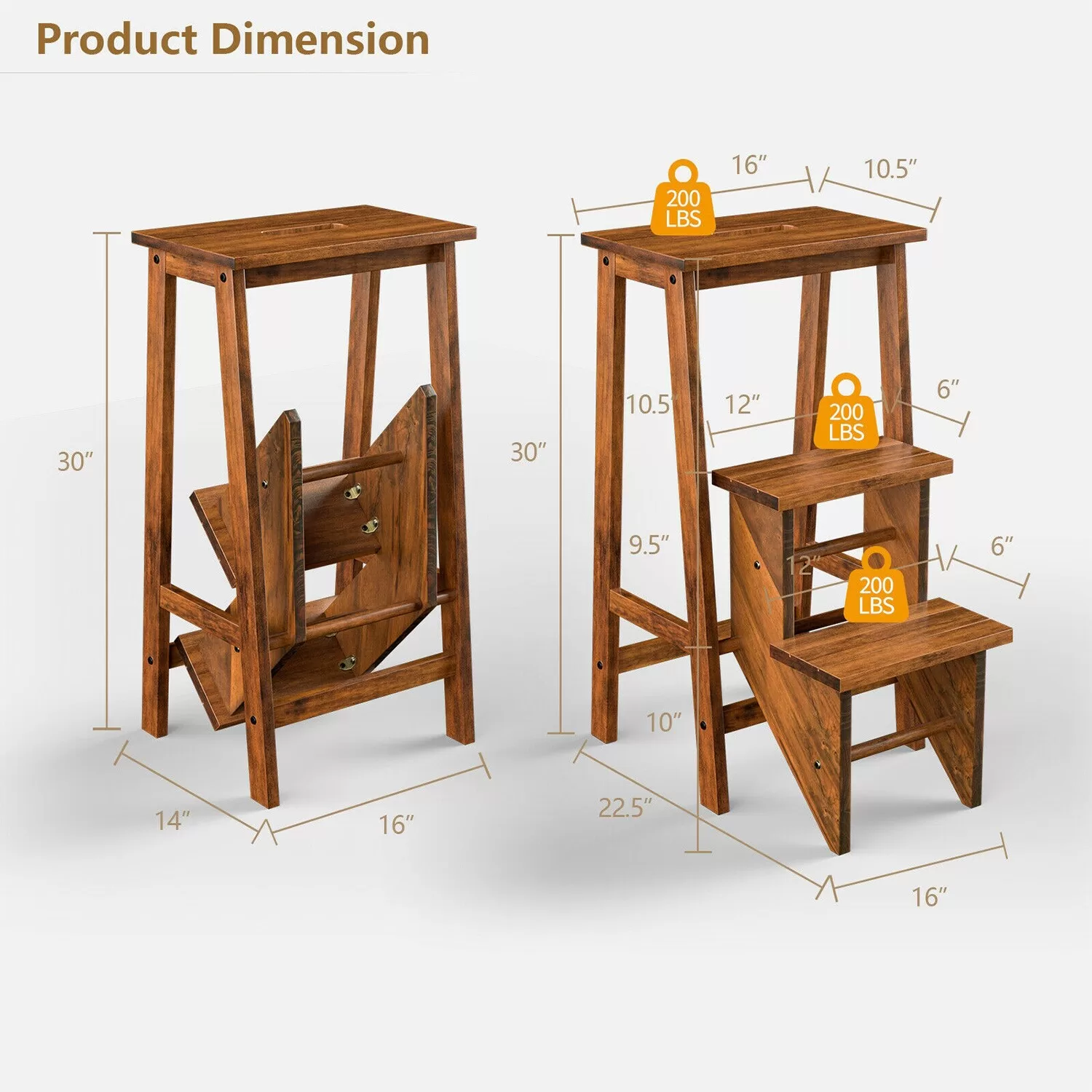 WELLFOR 3-Step 200-lb Capacity Brown Wood Foldable Step Stool - Image 10