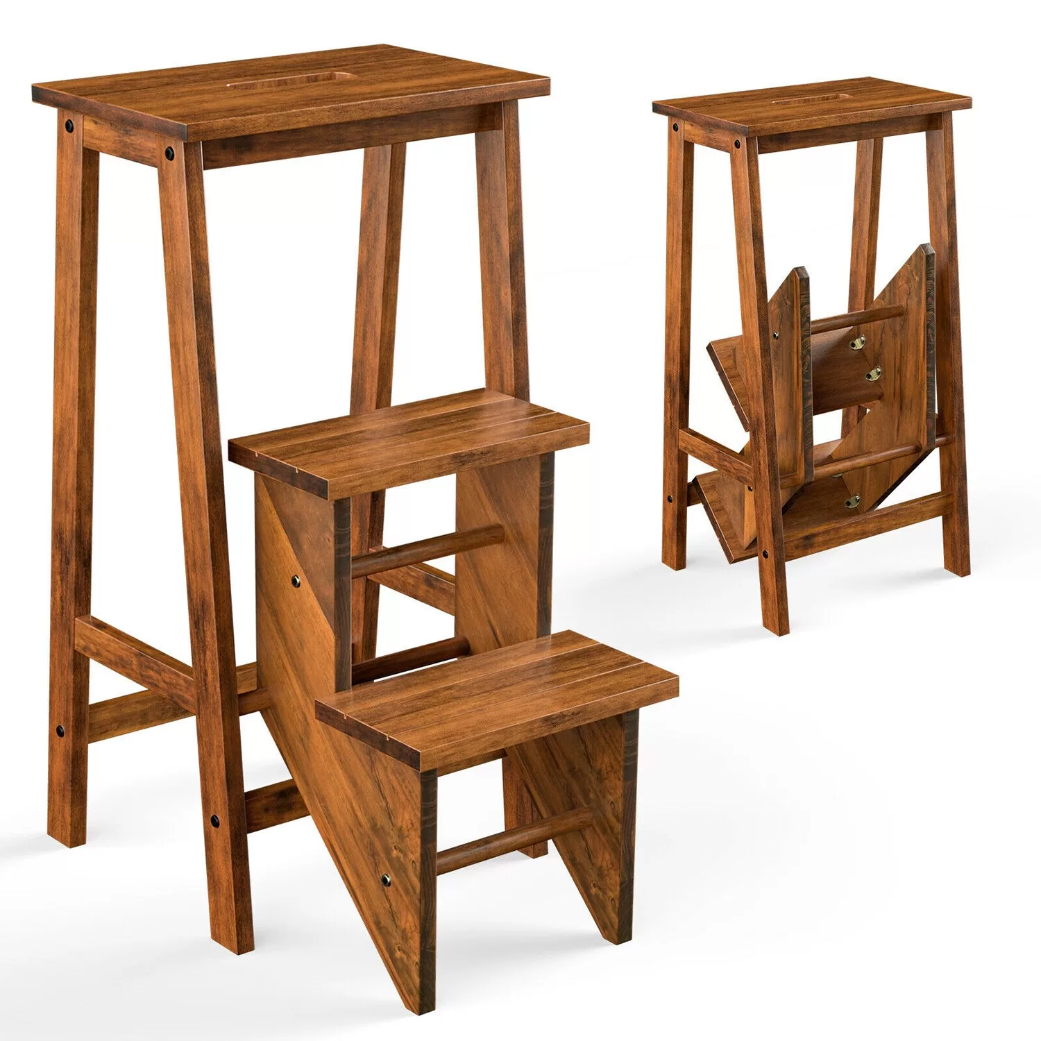 WELLFOR 3-Step 200-lb Capacity Brown Wood Foldable Step Stool - Image 2