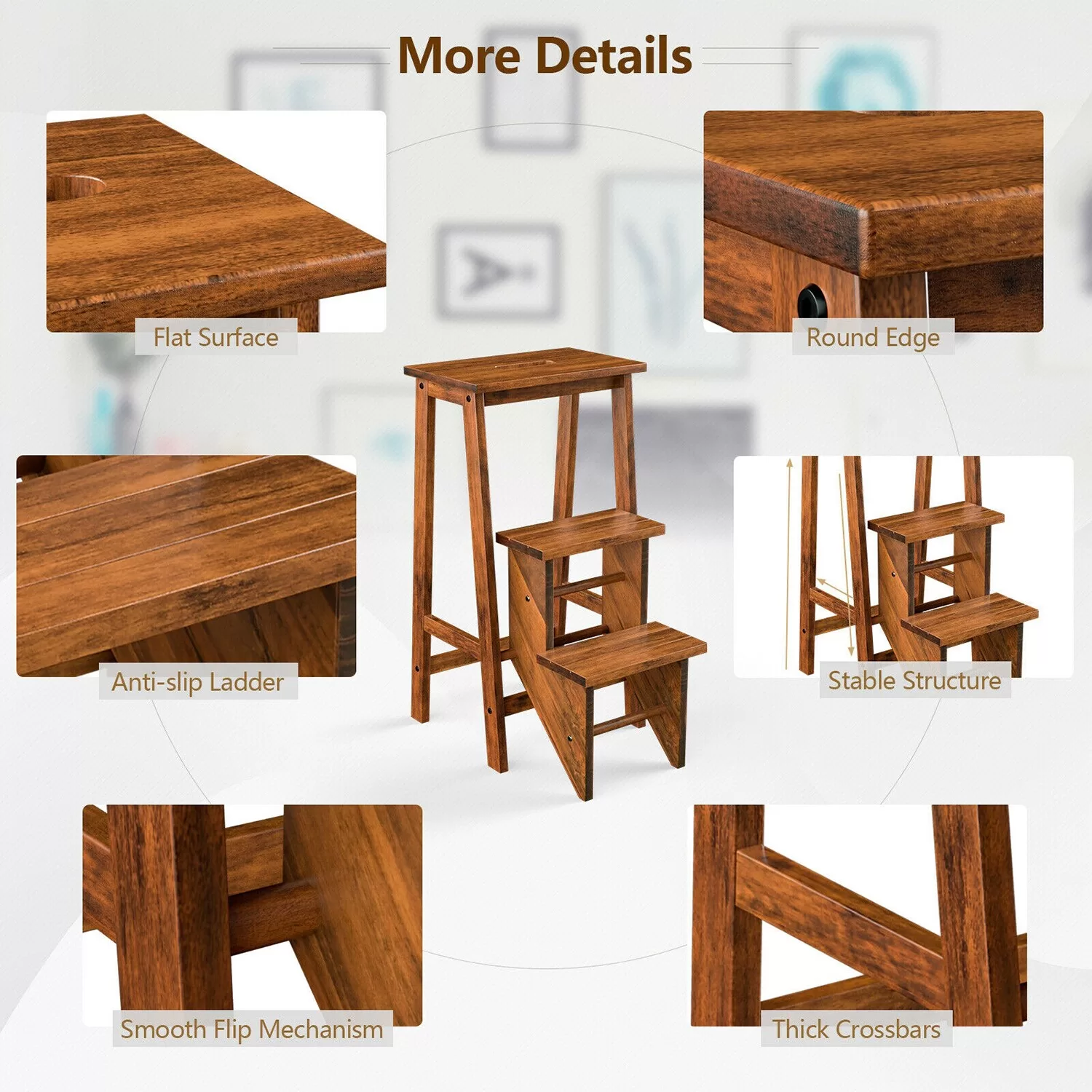 WELLFOR 3-Step 200-lb Capacity Brown Wood Foldable Step Stool - Image 5