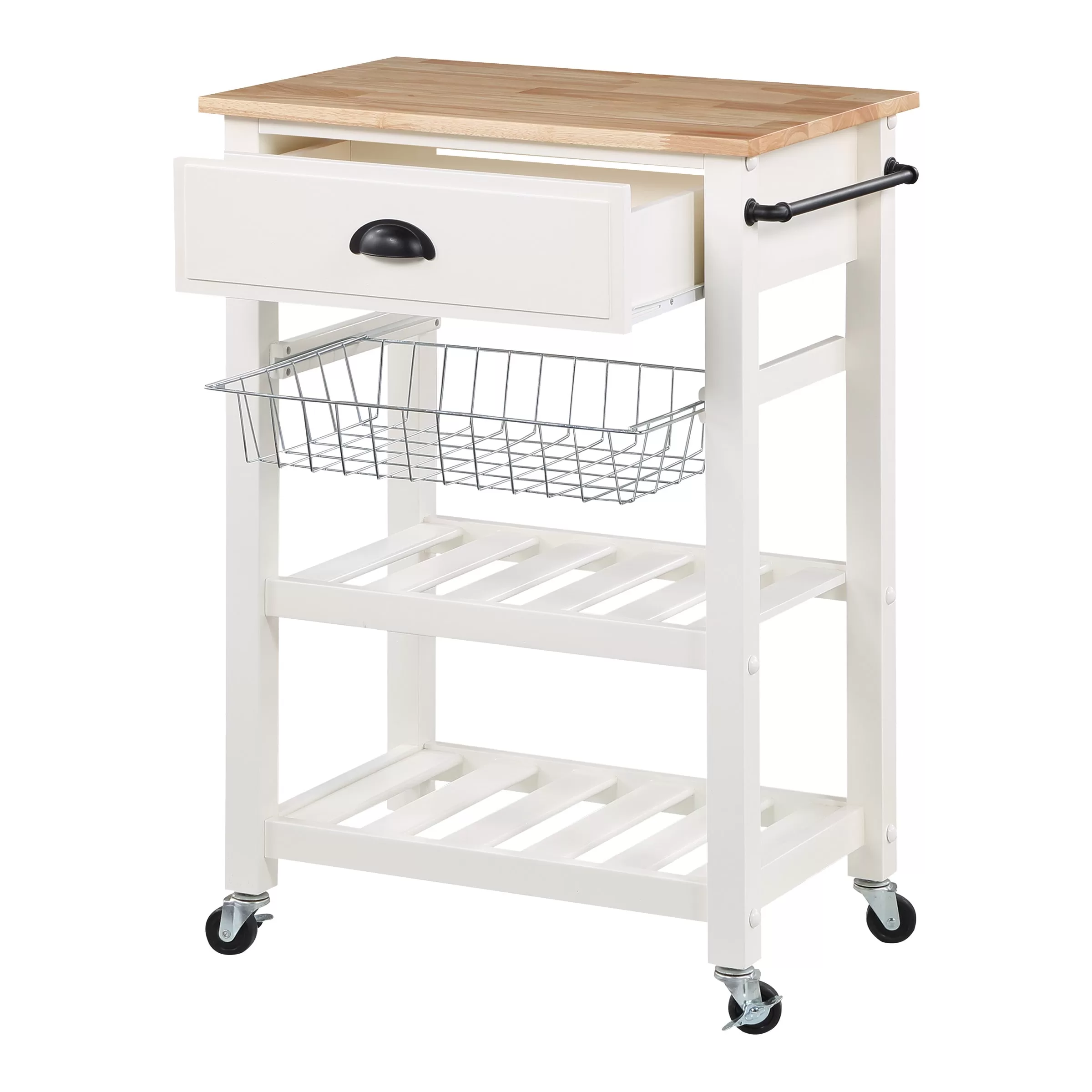 OSHOME White Wood Base with Wood Top Rolling Kitchen Cart (23.5-in x 15.75-in x 33.75-in)