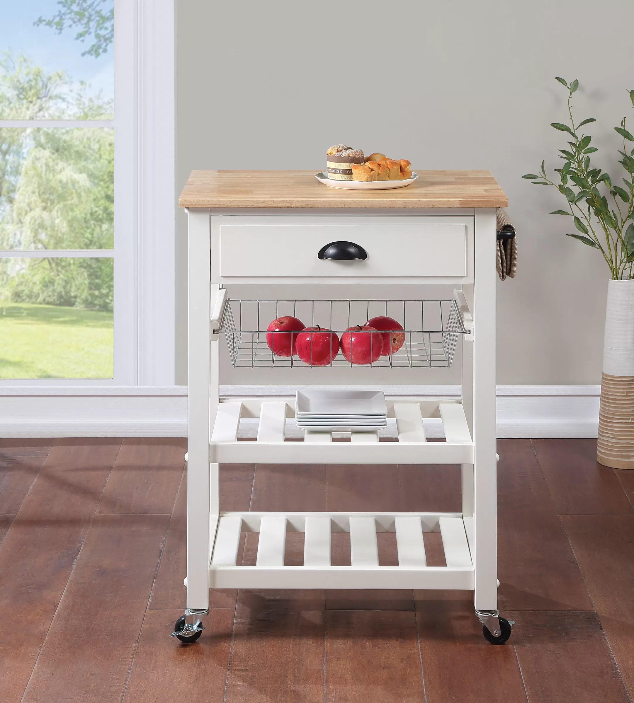OSHOME White Wood Base with Wood Top Rolling Kitchen Cart (23.5-in x 15.75-in x 33.75-in) - Image 8