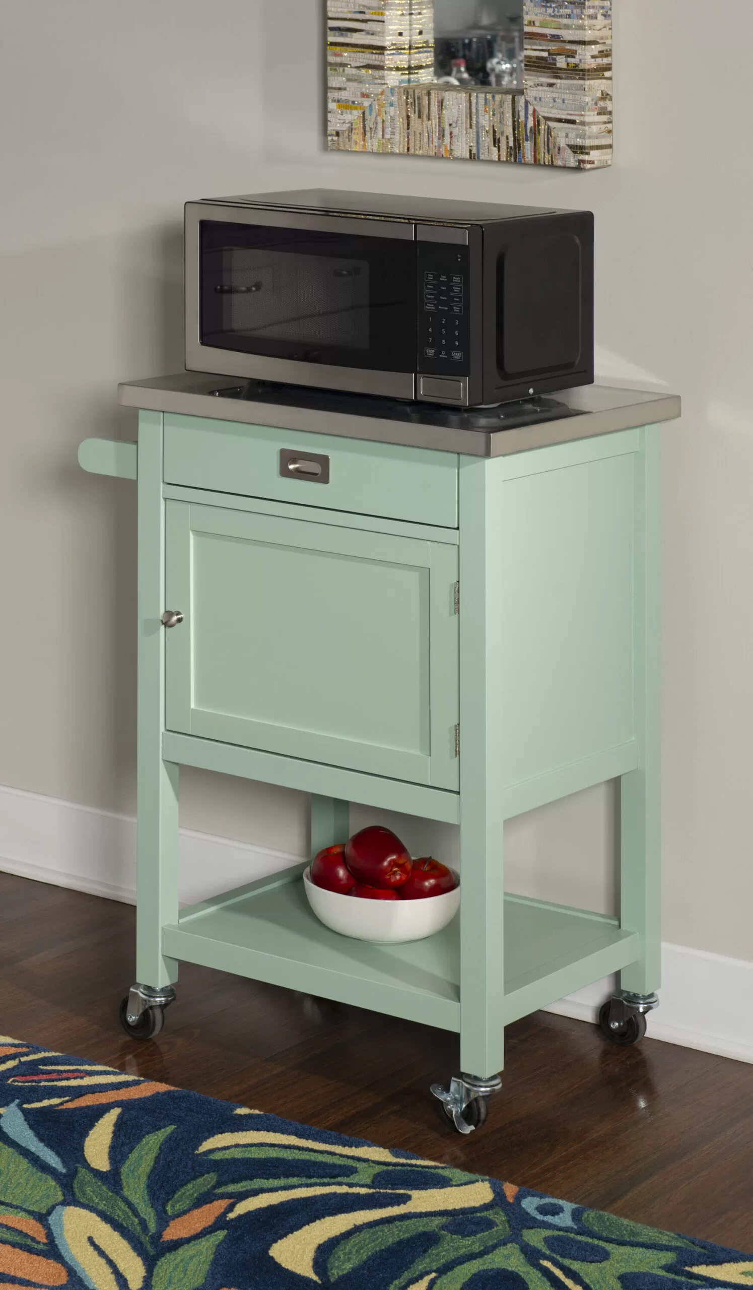 Linon Green Wood Base with Stainless Steel Metal Top Rolling Kitchen Cart (22-in x 18-in x 36-in) - Image 8