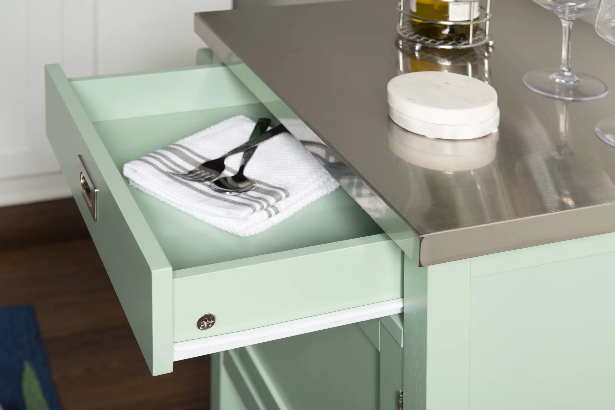 Linon Green Wood Base with Stainless Steel Metal Top Rolling Kitchen Cart (22-in x 18-in x 36-in) - Image 10