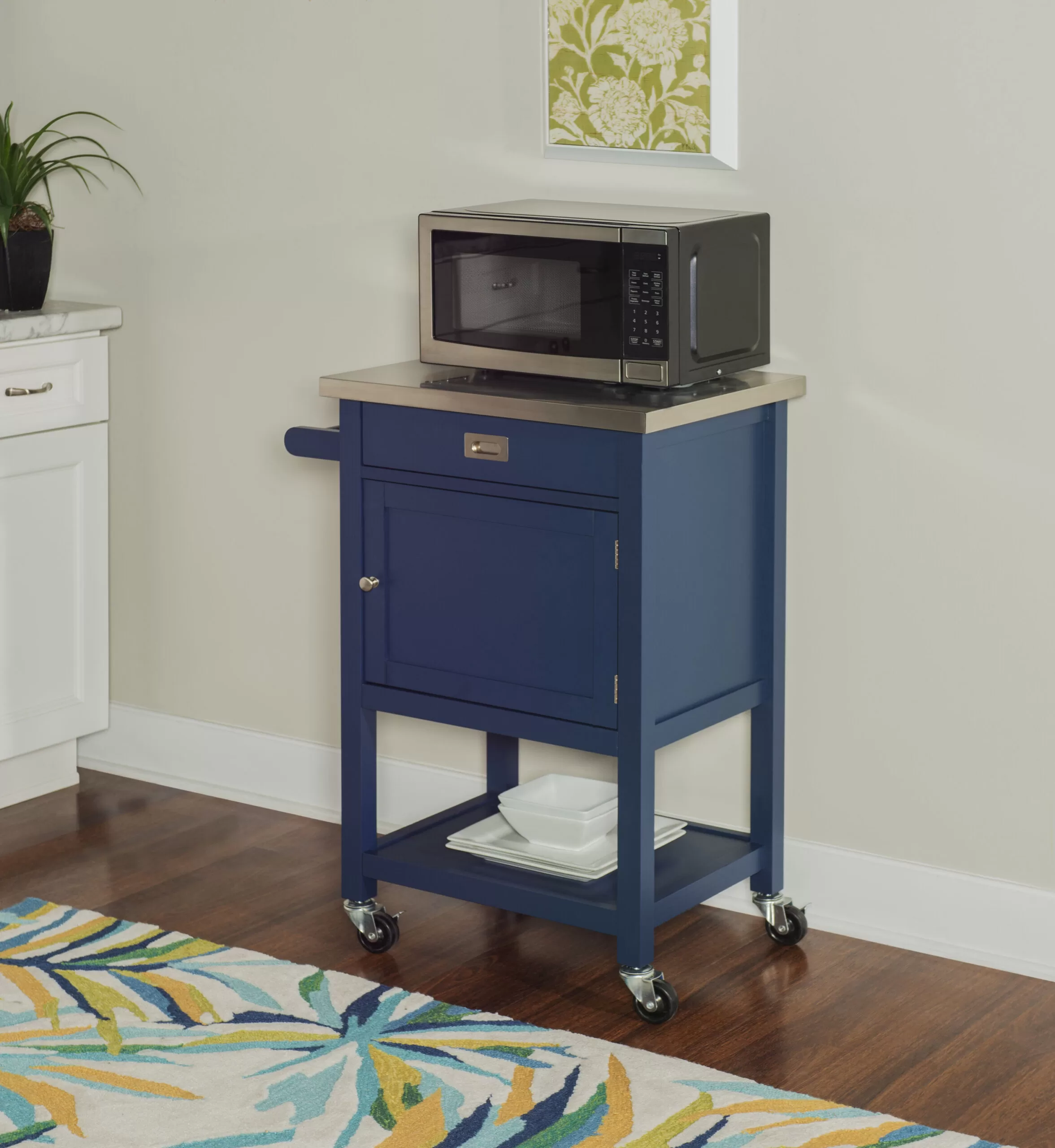 Linon Blue Wood Base with Stainless Steel Metal Top Rolling Kitchen Cart (25.5-in x 17.99-in x 36.02-in) - Image 7