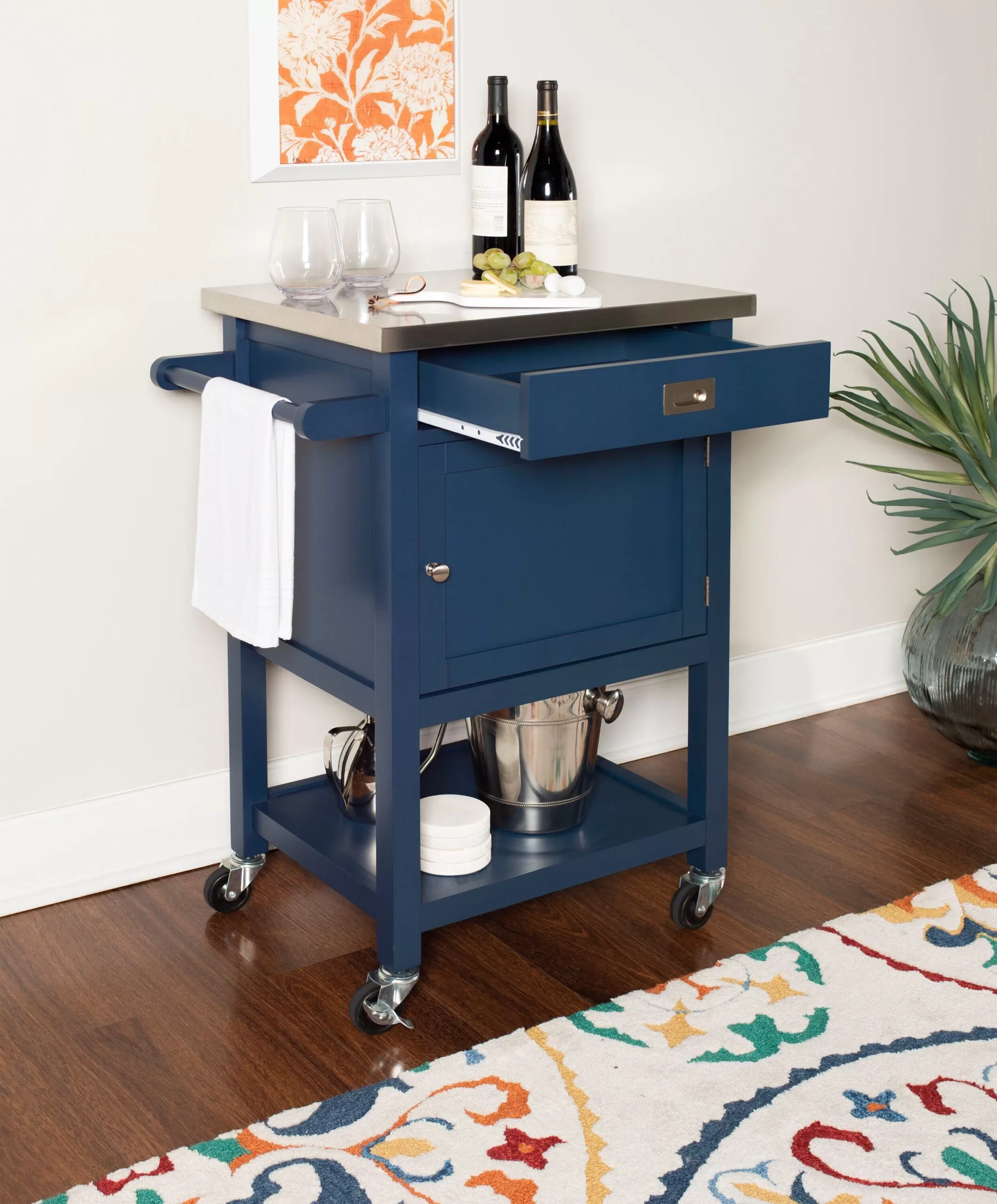 Linon Blue Wood Base with Stainless Steel Metal Top Rolling Kitchen Cart (25.5-in x 17.99-in x 36.02-in) - Image 8
