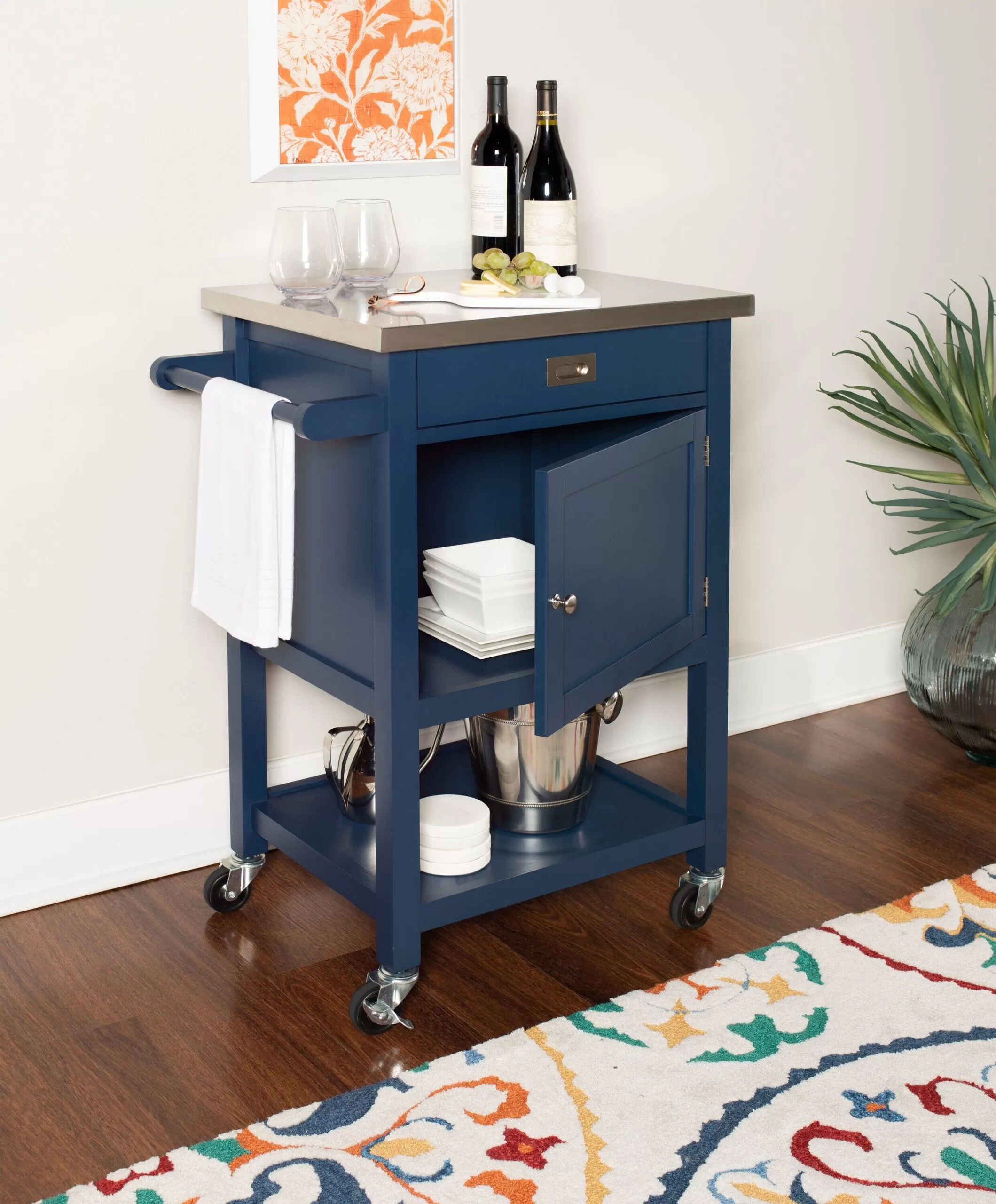 Linon Blue Wood Base with Stainless Steel Metal Top Rolling Kitchen Cart (25.5-in x 17.99-in x 36.02-in) - Image 9