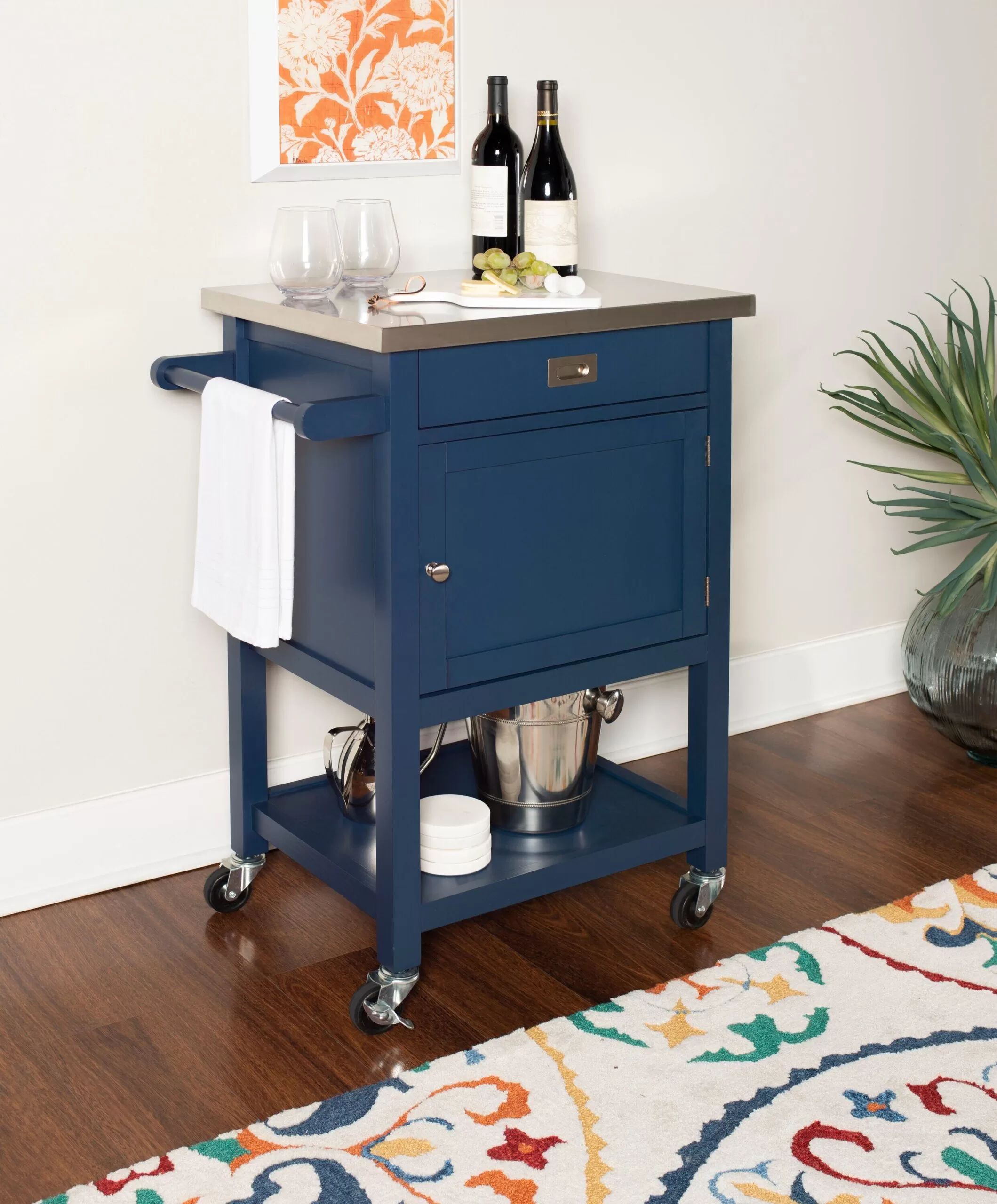 Linon Blue Wood Base with Stainless Steel Metal Top Rolling Kitchen Cart (25.5-in x 17.99-in x 36.02-in) - Image 13
