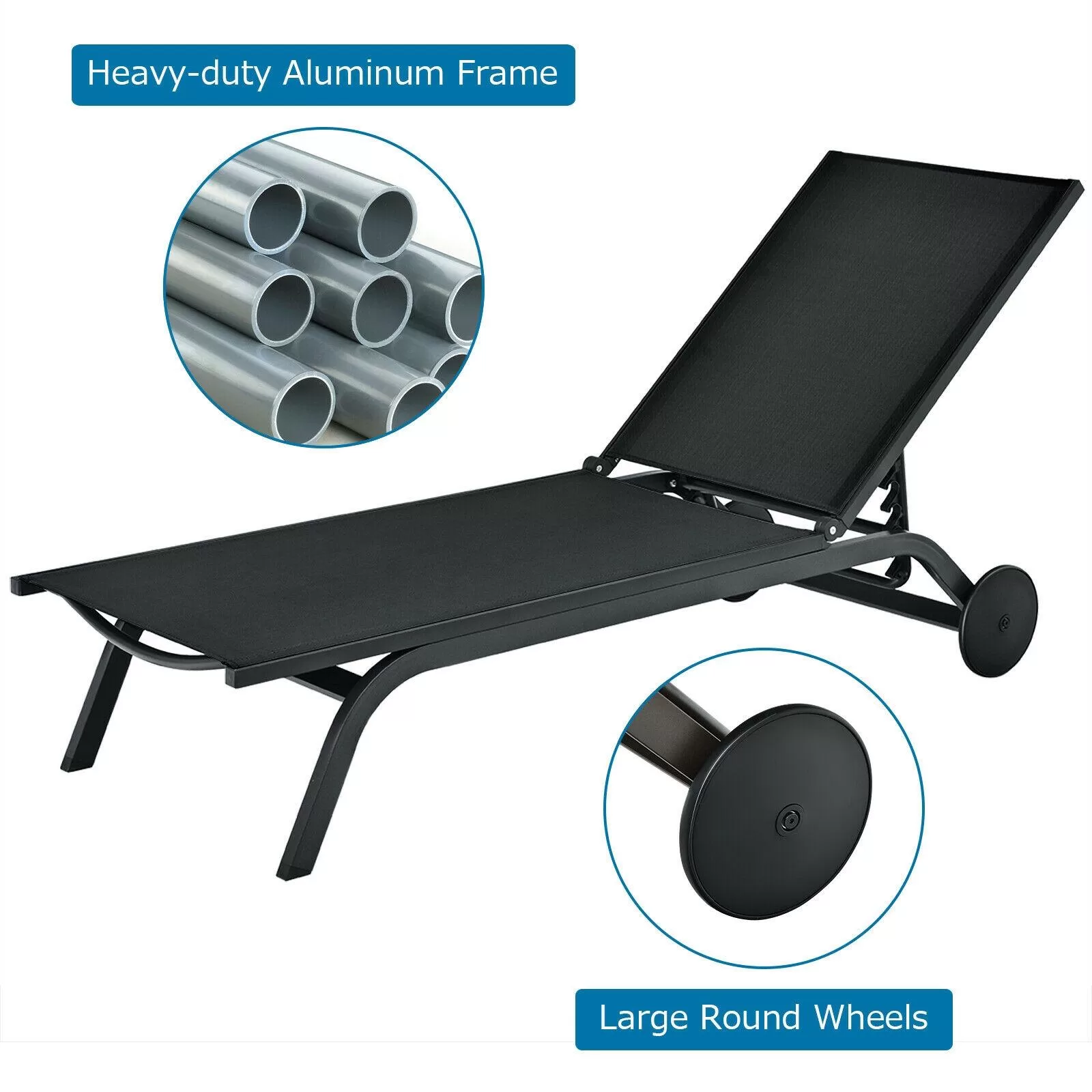 Clihome Patio Lounge Chair Aluminum Metal Frame Stationary Chaise Lounge Chair(s) with Black Premium Fabric Sling Seat - Image 6
