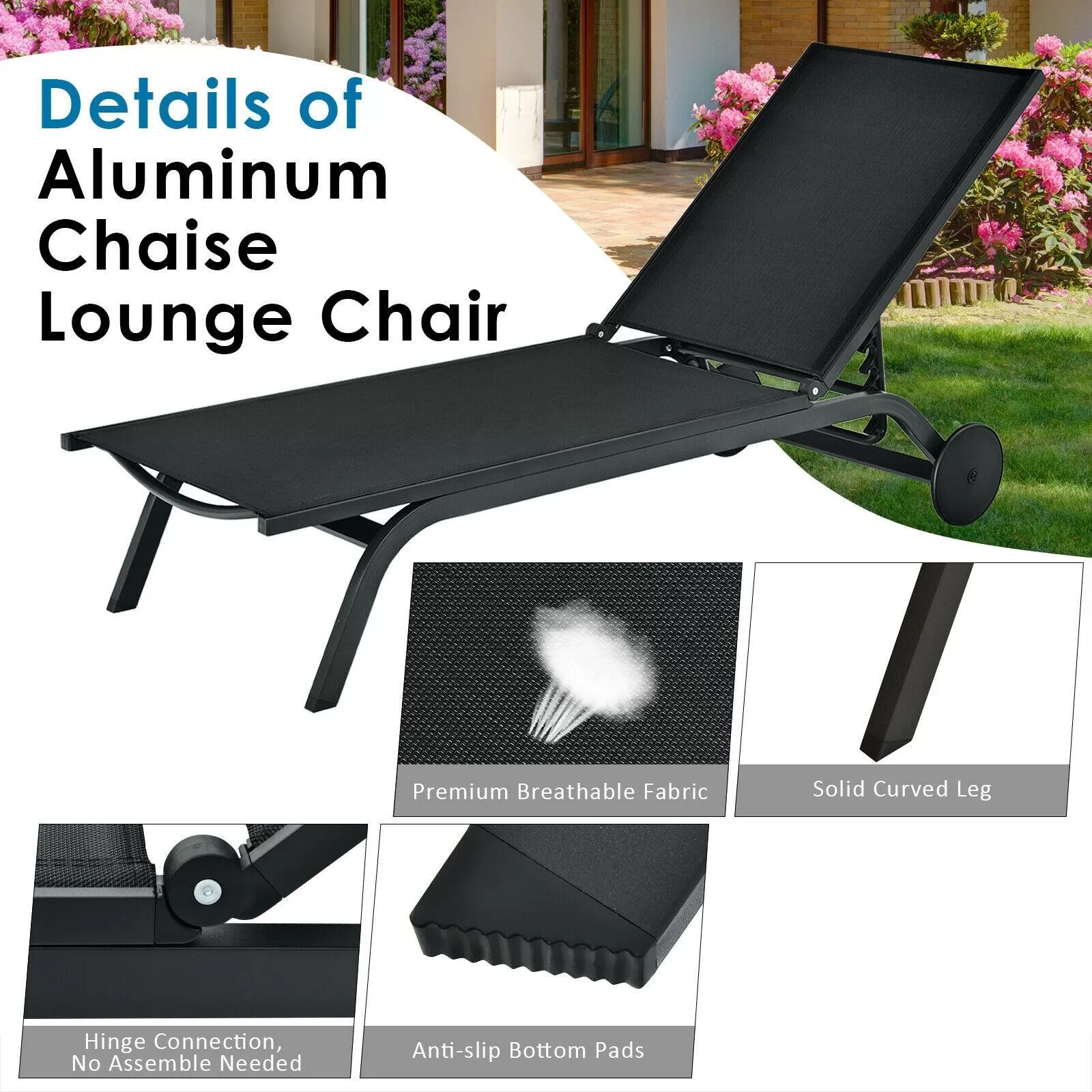 Clihome Patio Lounge Chair Aluminum Metal Frame Stationary Chaise Lounge Chair(s) with Black Premium Fabric Sling Seat - Image 9