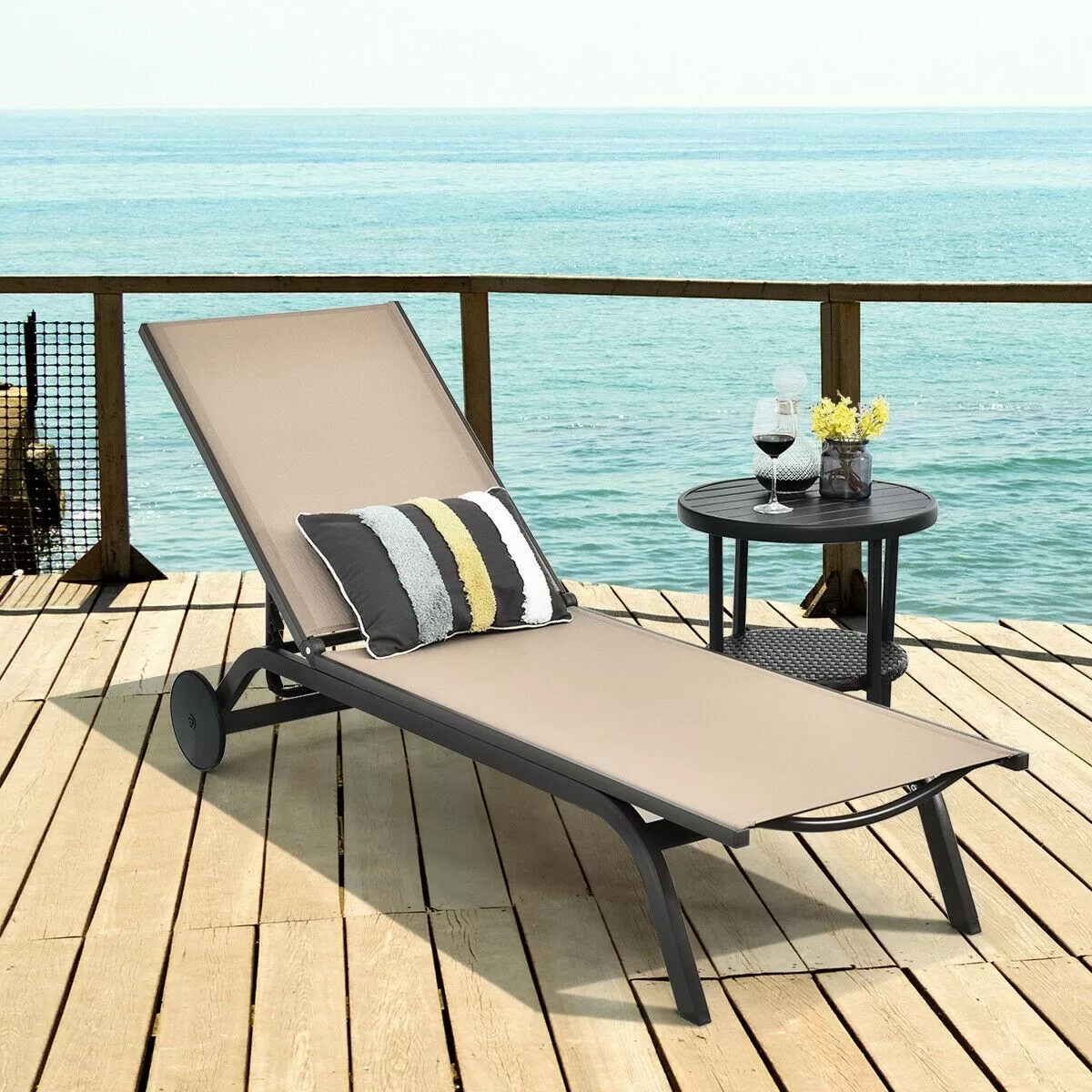 Clihome Patio Lounge Chair Aluminum Metal Frame Stationary Chaise Lounge Chair(s) with Brown Premium Fabric Sling Seat - Image 3