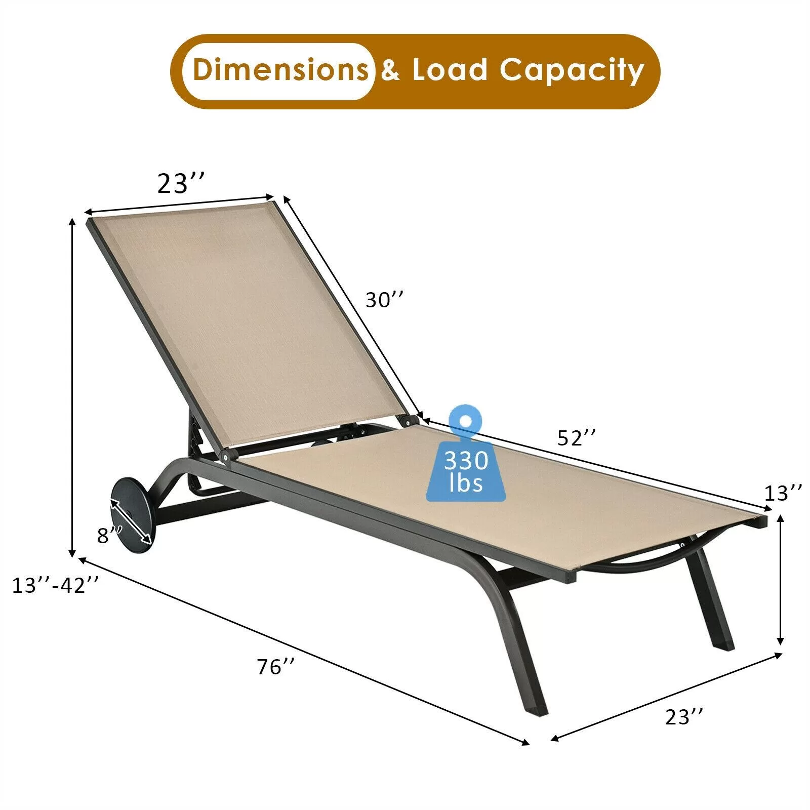 Clihome Patio Lounge Chair Aluminum Metal Frame Stationary Chaise Lounge Chair(s) with Brown Premium Fabric Sling Seat - Image 4