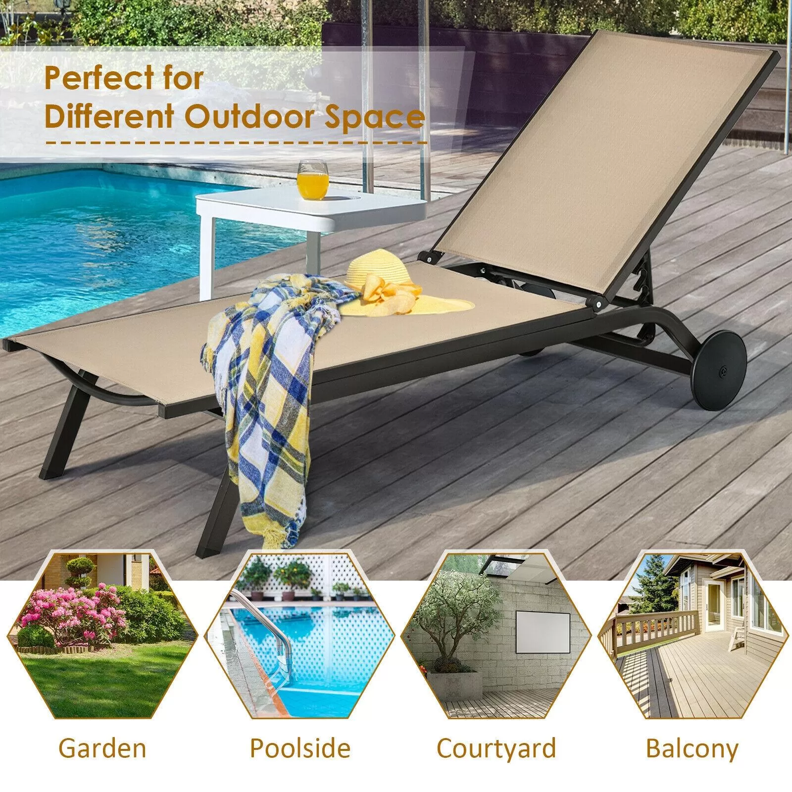 Clihome Patio Lounge Chair Aluminum Metal Frame Stationary Chaise Lounge Chair(s) with Brown Premium Fabric Sling Seat - Image 10