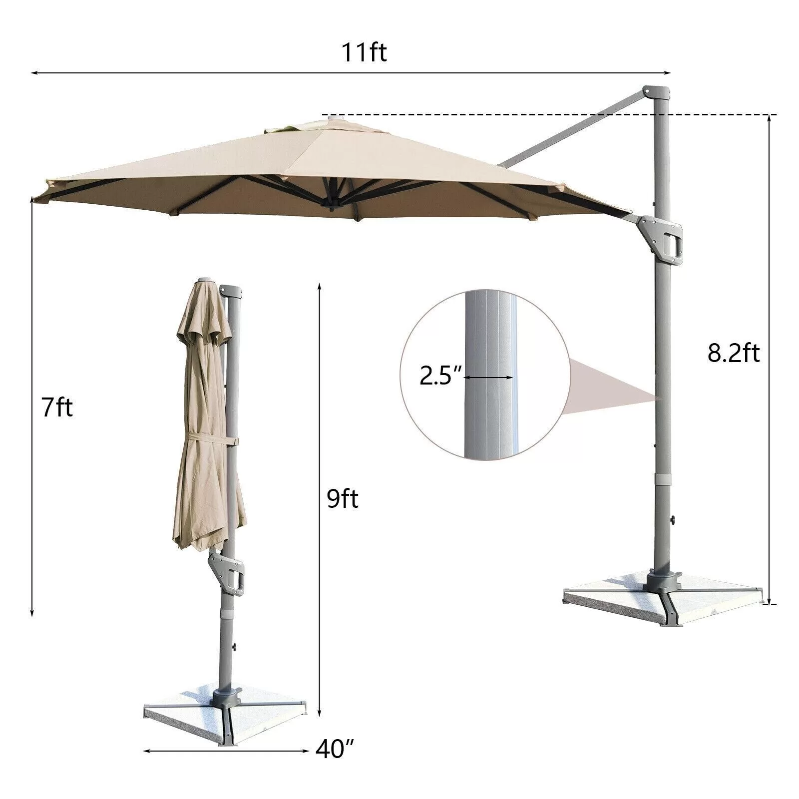 Clihome 11 Ft Patio Cantilever Umbrella Outdoor Offset Umbrella with 360 degree Rotation and Tilt System Without Weight Base - Image 5