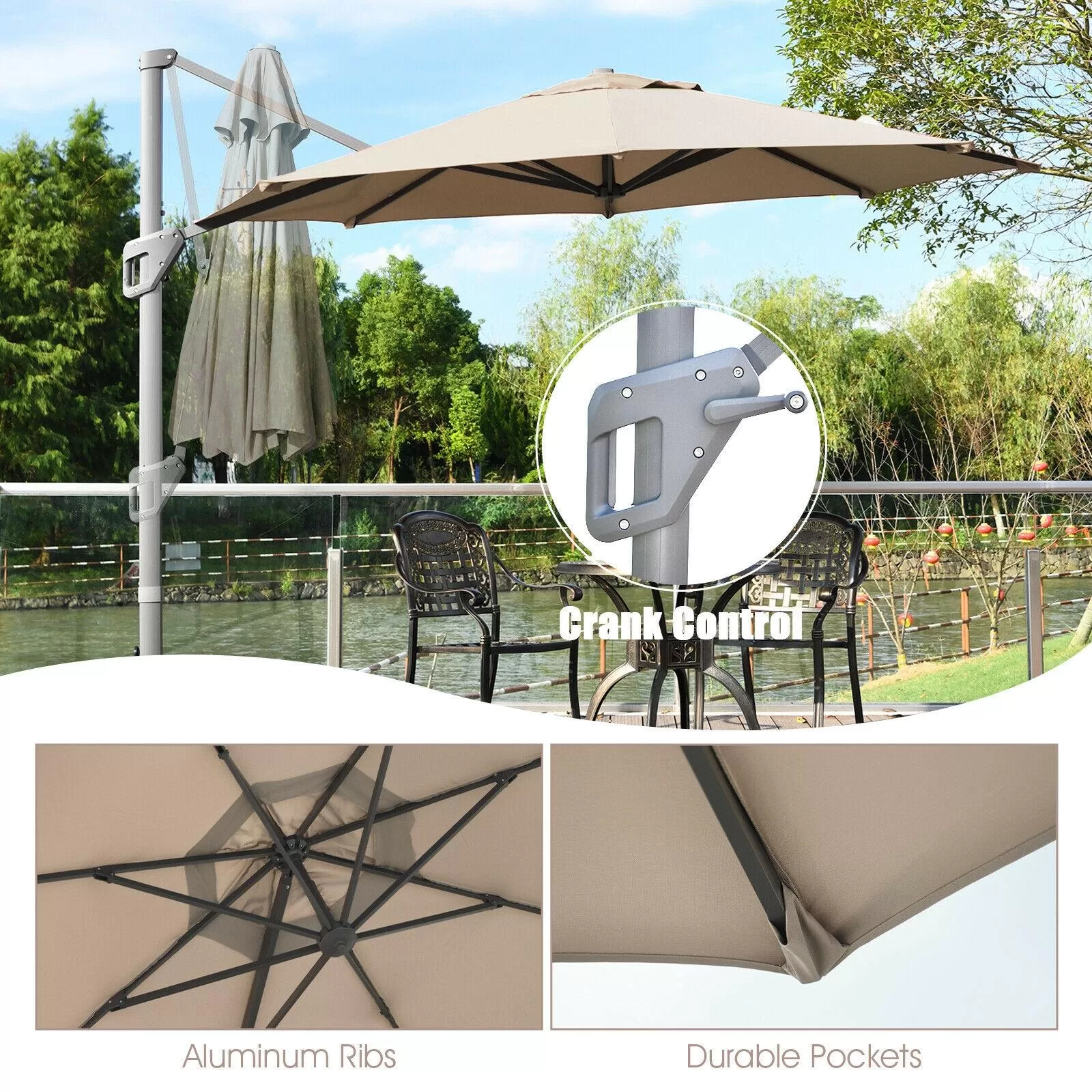Clihome 11 Ft Patio Cantilever Umbrella Outdoor Offset Umbrella with 360 degree Rotation and Tilt System Without Weight Base - Image 7