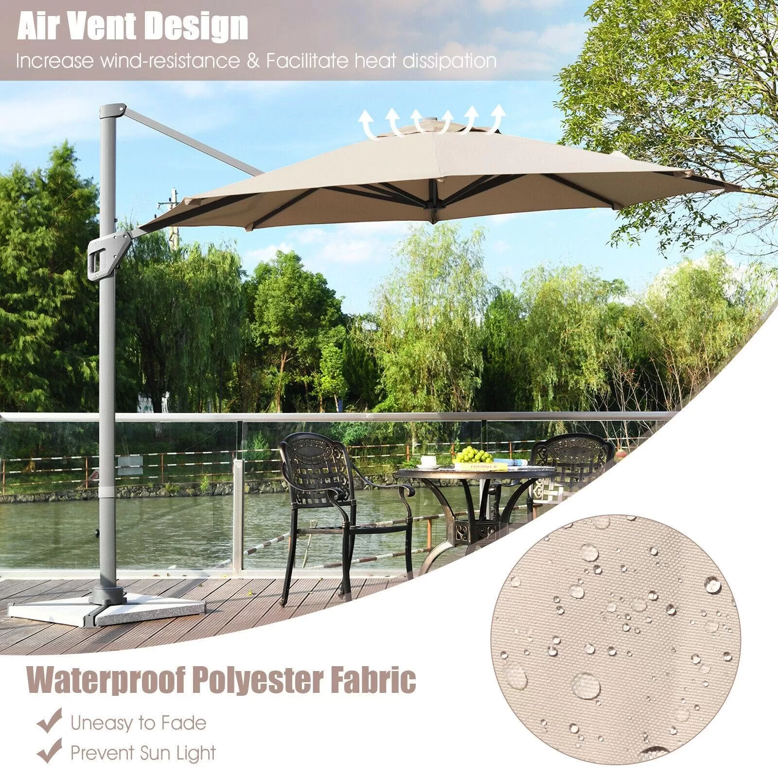Clihome 11 Ft Patio Cantilever Umbrella Outdoor Offset Umbrella with 360 degree Rotation and Tilt System Without Weight Base - Image 9