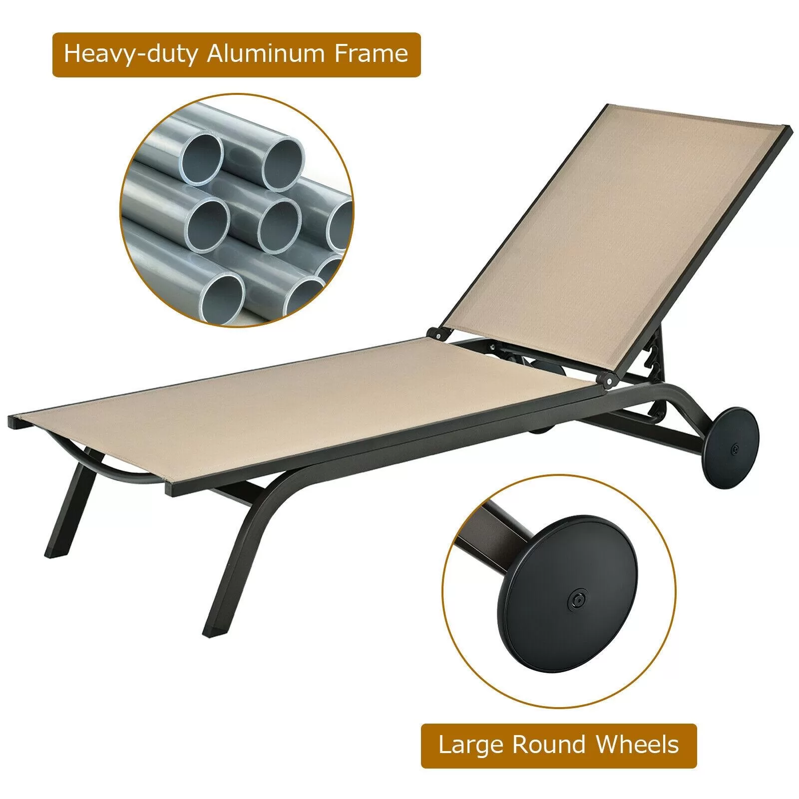 Clihome Patio Lounge Chair Aluminum Metal Frame Stationary Chaise Lounge Chair(s) with Brown Premium Fabric Sling Seat - Image 7