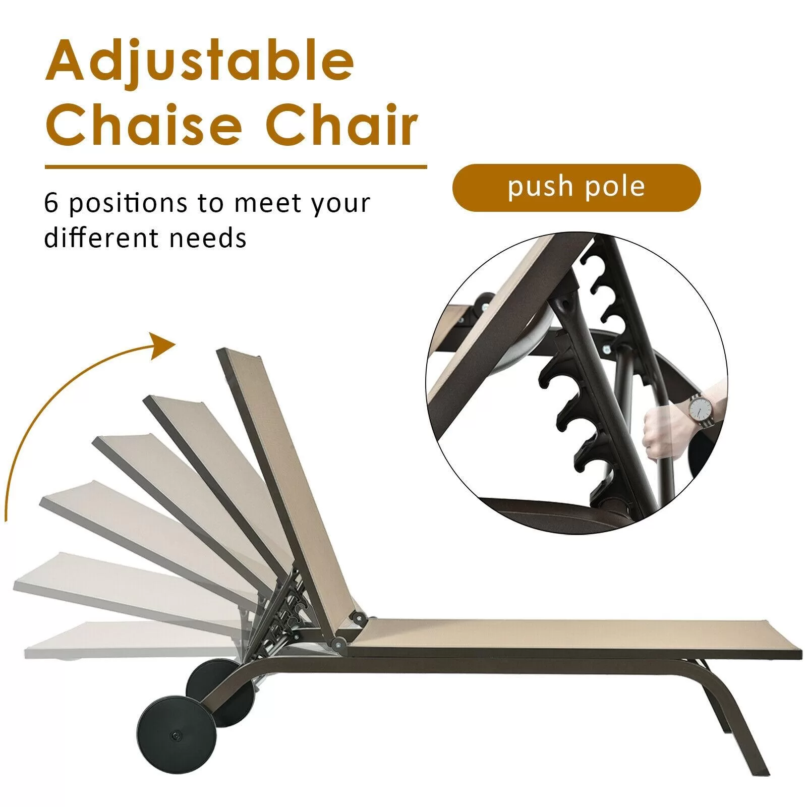 Clihome Patio Lounge Chair Aluminum Metal Frame Stationary Chaise Lounge Chair(s) with Brown Premium Fabric Sling Seat - Image 8