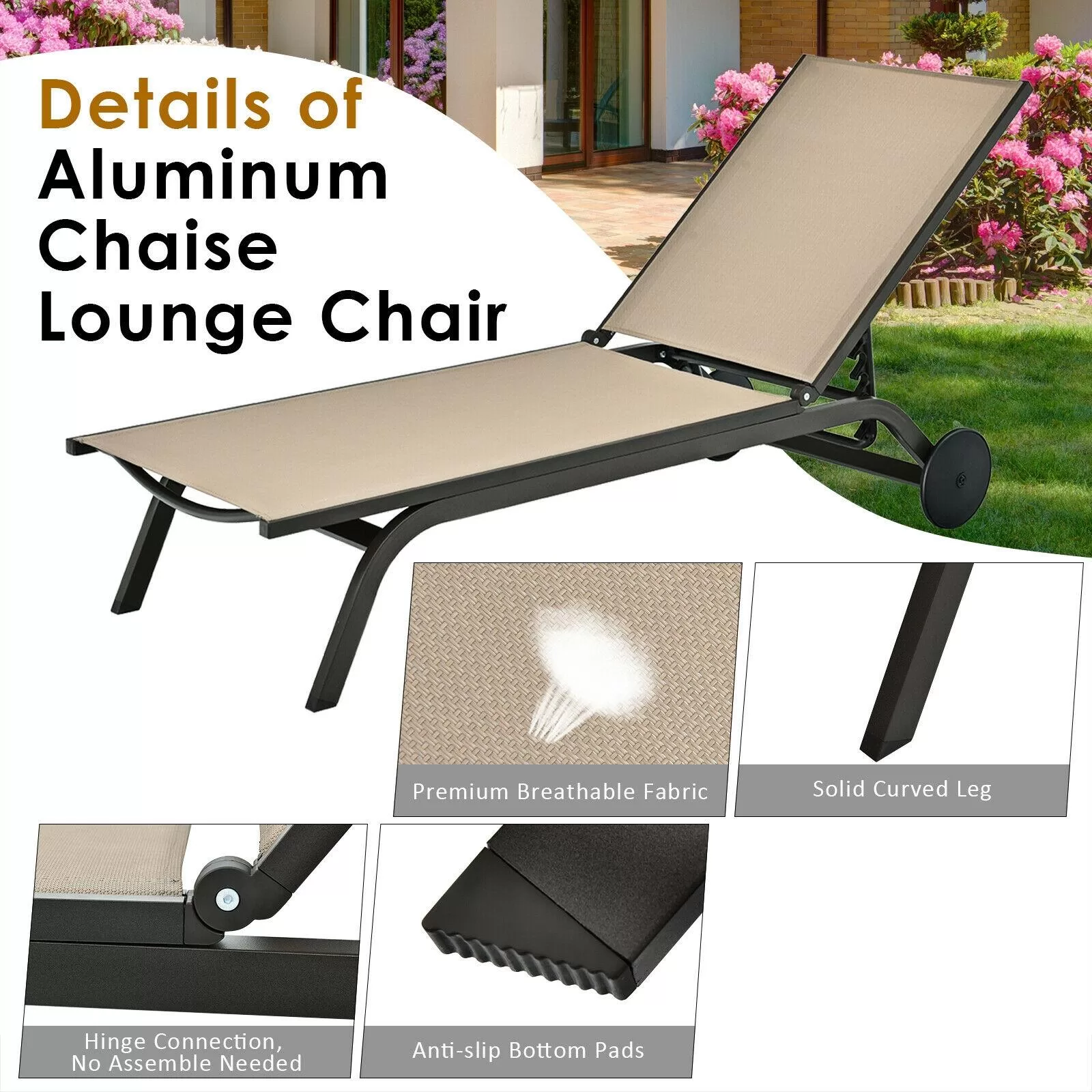 Clihome Patio Lounge Chair Aluminum Metal Frame Stationary Chaise Lounge Chair(s) with Brown Premium Fabric Sling Seat - Image 6