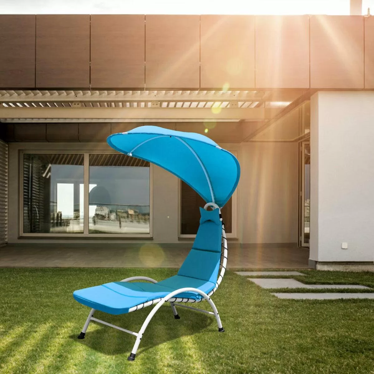 Clihome Patio Furniture White Metal Frame Stationary Chaise Lounge Chair(s) with Blue Polyester and Oxford Fabric Cushioned Seat - Image 2