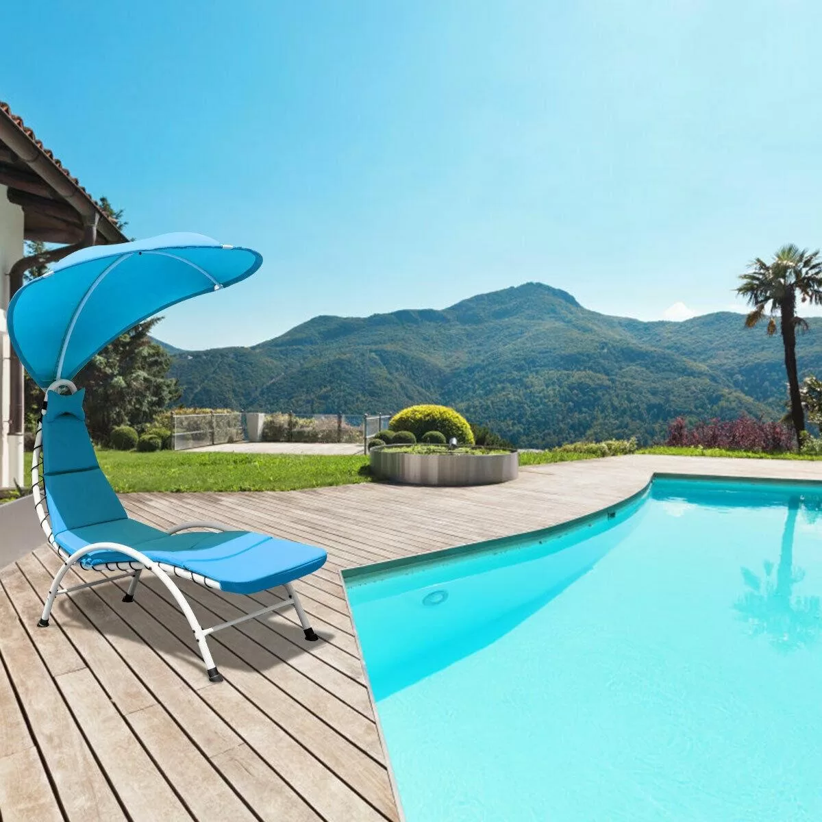 Clihome Patio Furniture White Metal Frame Stationary Chaise Lounge Chair(s) with Blue Polyester and Oxford Fabric Cushioned Seat - Image 3