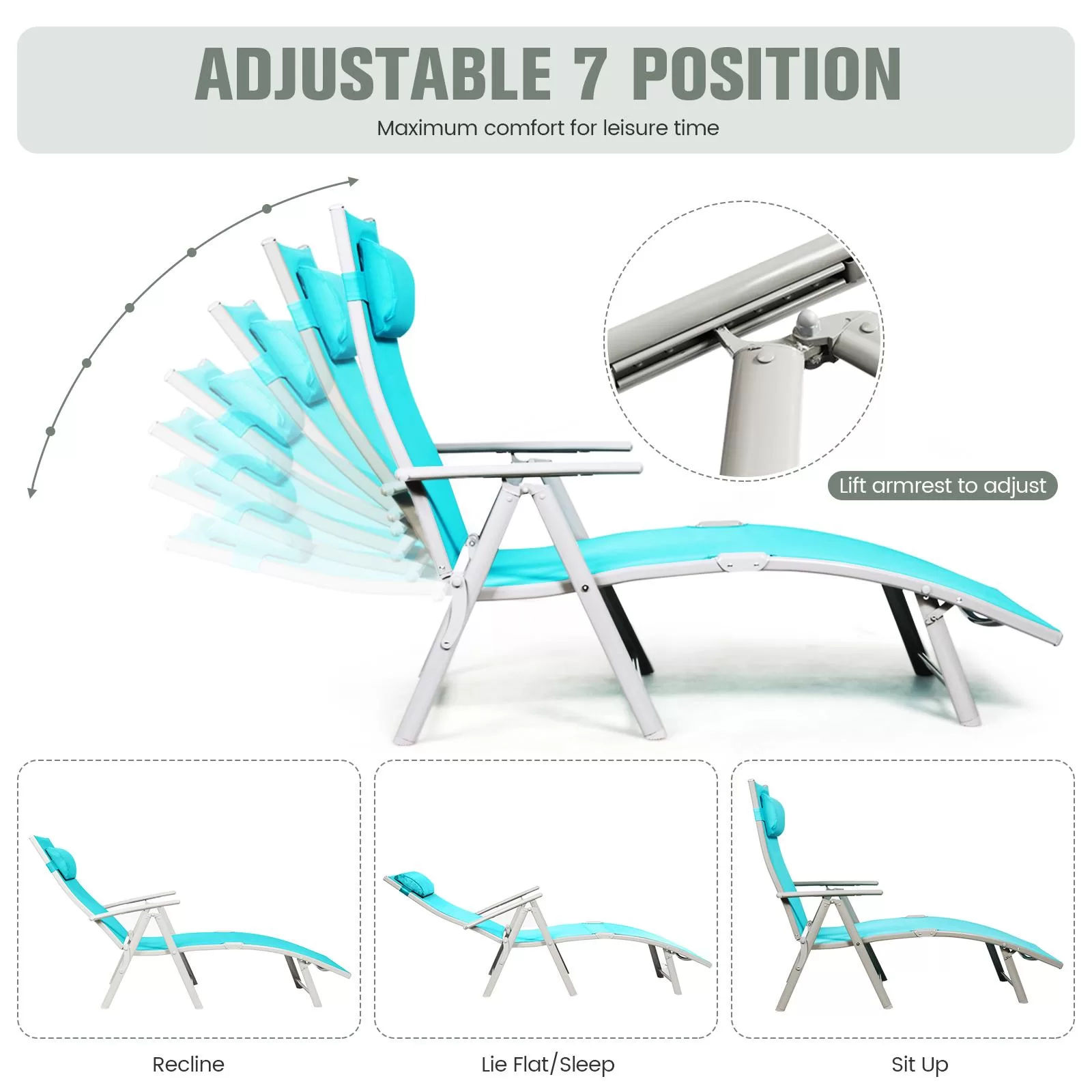 Clihome High-Quality Chaise Chair White Metal Frame Stationary Chaise Lounge Chair(s) with Blue Polyester Cushioned Seat - Image 7