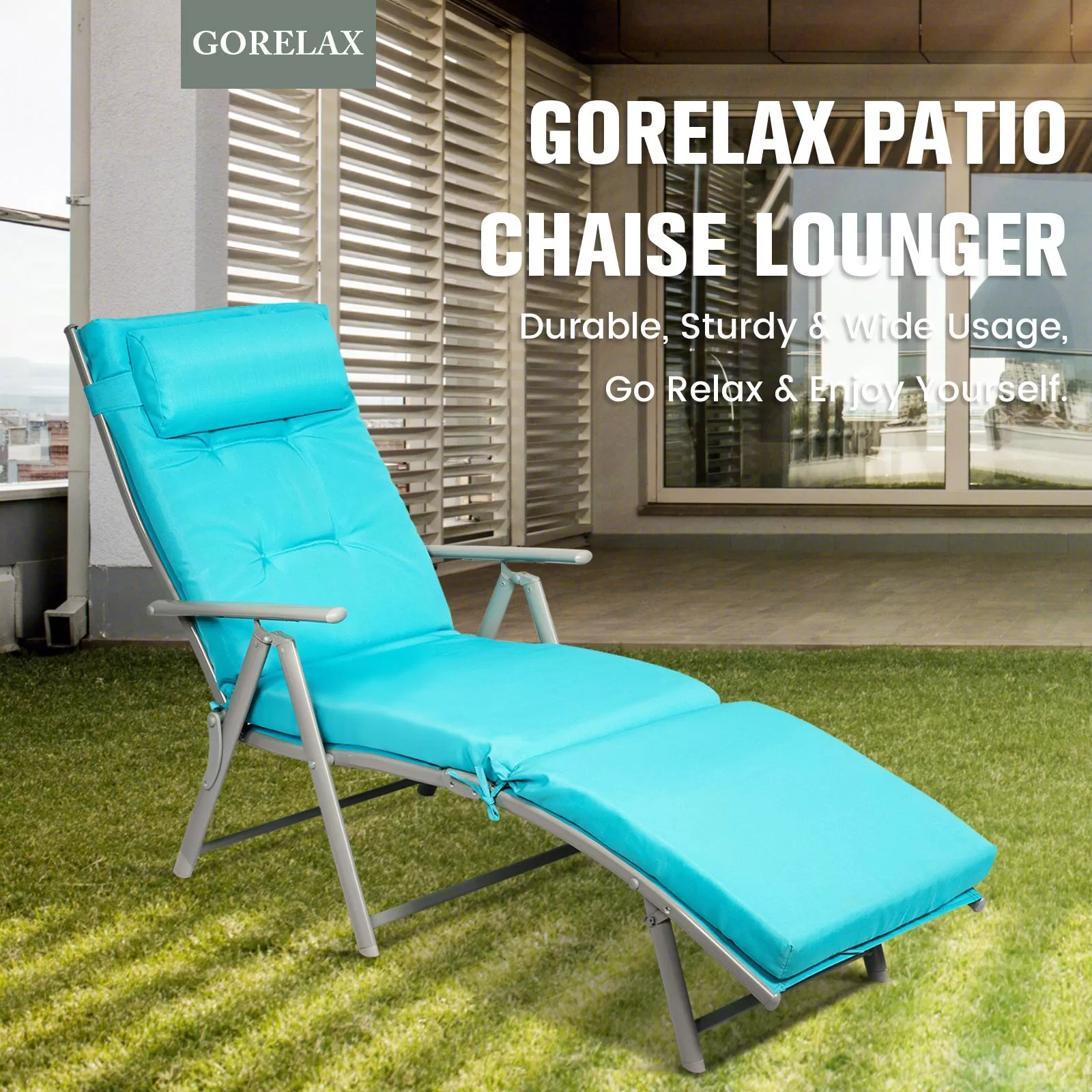 Clihome High-Quality Chaise Chair White Metal Frame Stationary Chaise Lounge Chair(s) with Blue Polyester Cushioned Seat - Image 5