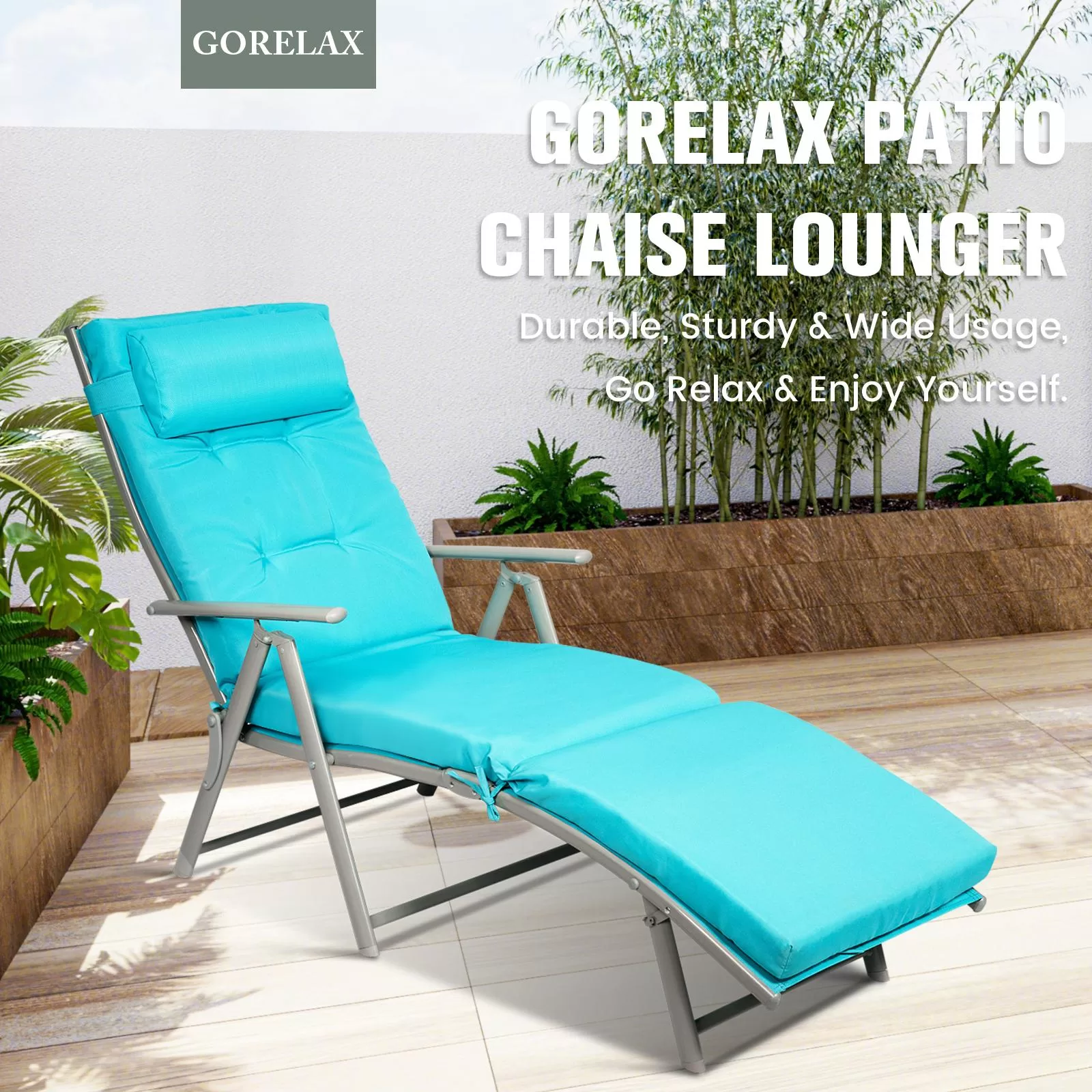 Clihome High-Quality Chaise Chair White Metal Frame Stationary Chaise Lounge Chair(s) with Blue Polyester Cushioned Seat - Image 4