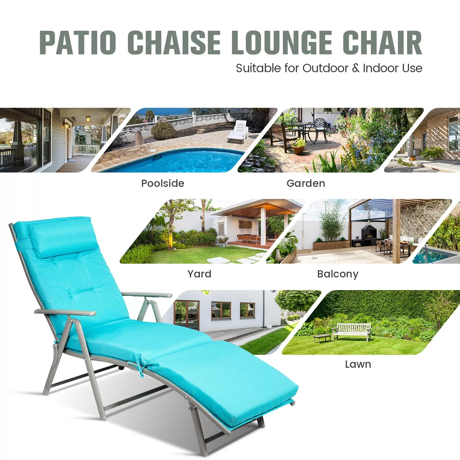 Clihome High-Quality Chaise Chair White Metal Frame Stationary Chaise Lounge Chair(s) with Blue Polyester Cushioned Seat - Image 9