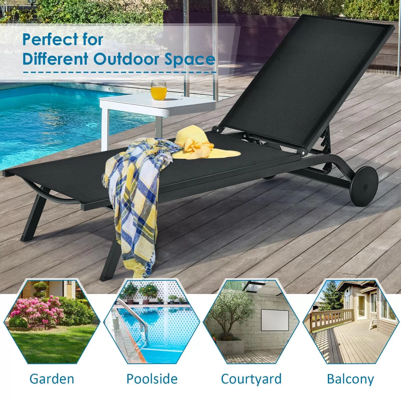 Clihome Patio Lounge Chair Aluminum Metal Frame Stationary Chaise Lounge Chair(s) with Black Premium Fabric Sling Seat - Image 10