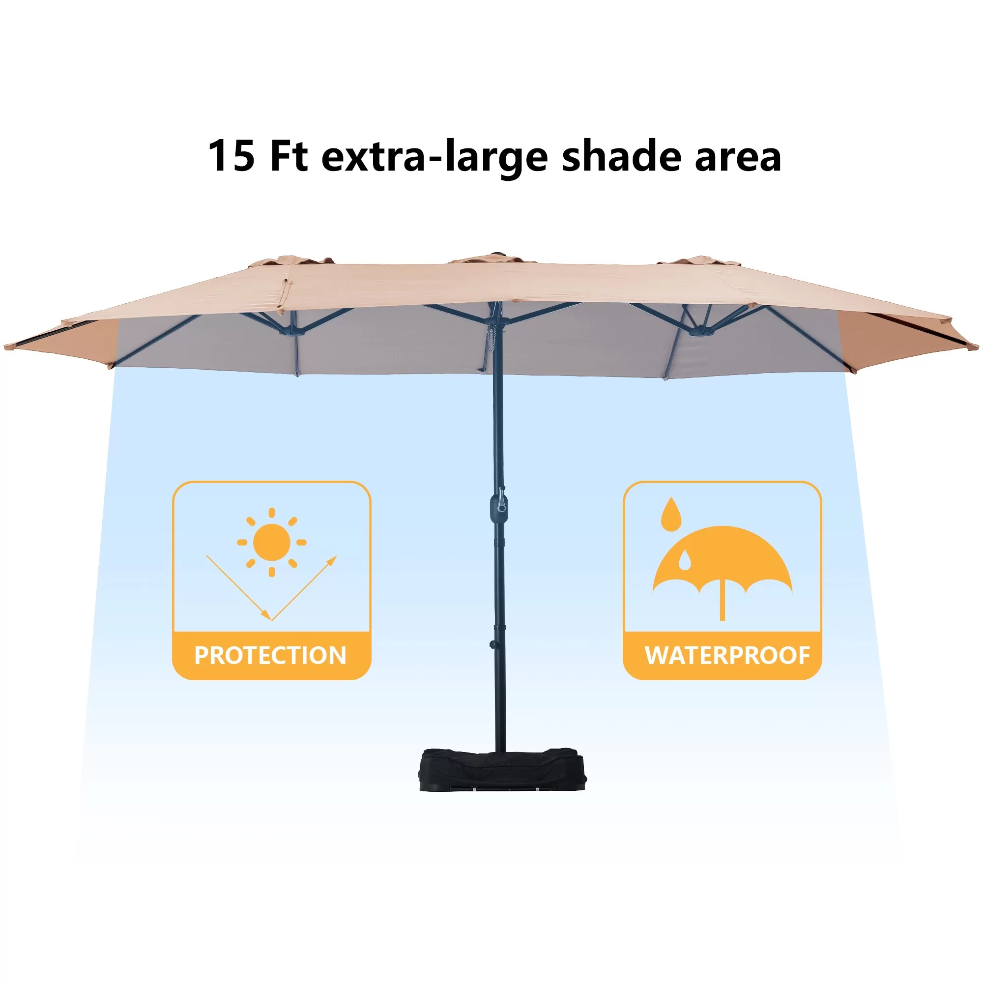 Clihome 15-ft Beige No-tilt Market Patio Umbrella with Base - Image 6