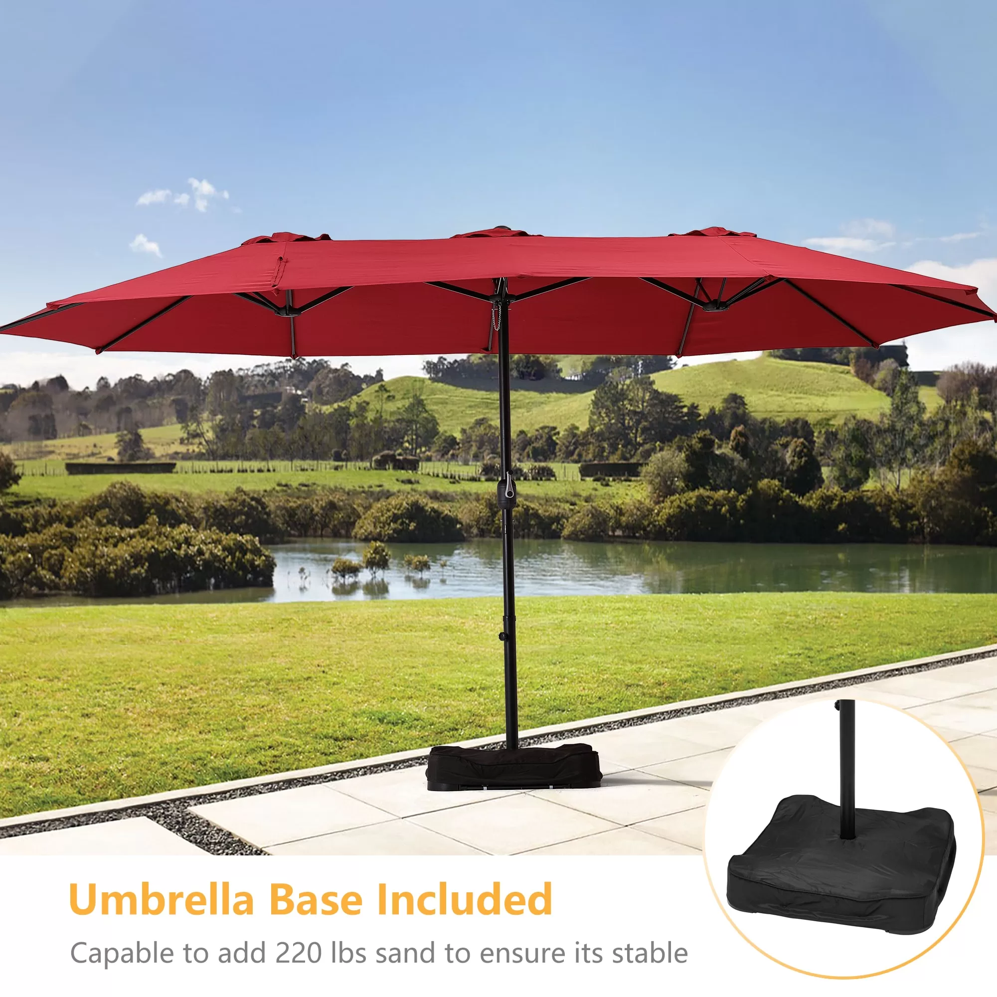Clihome 15-ft Burgundy No-tilt Market Patio Umbrella with Base