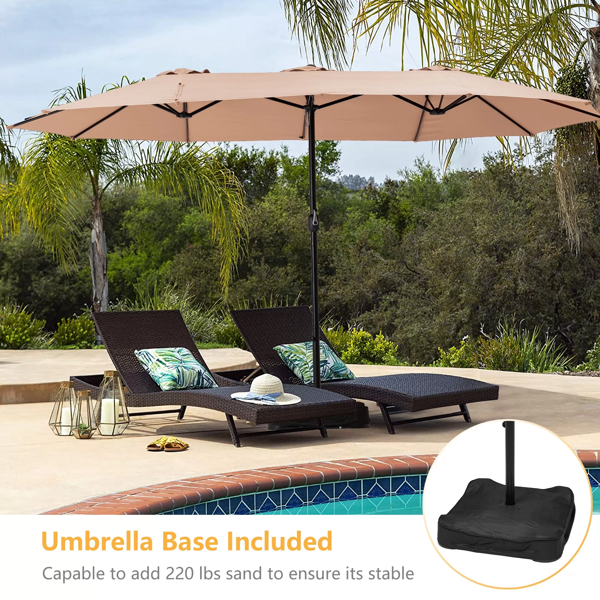 Clihome 15-ft Beige No-tilt Market Patio Umbrella with Base - Image 3