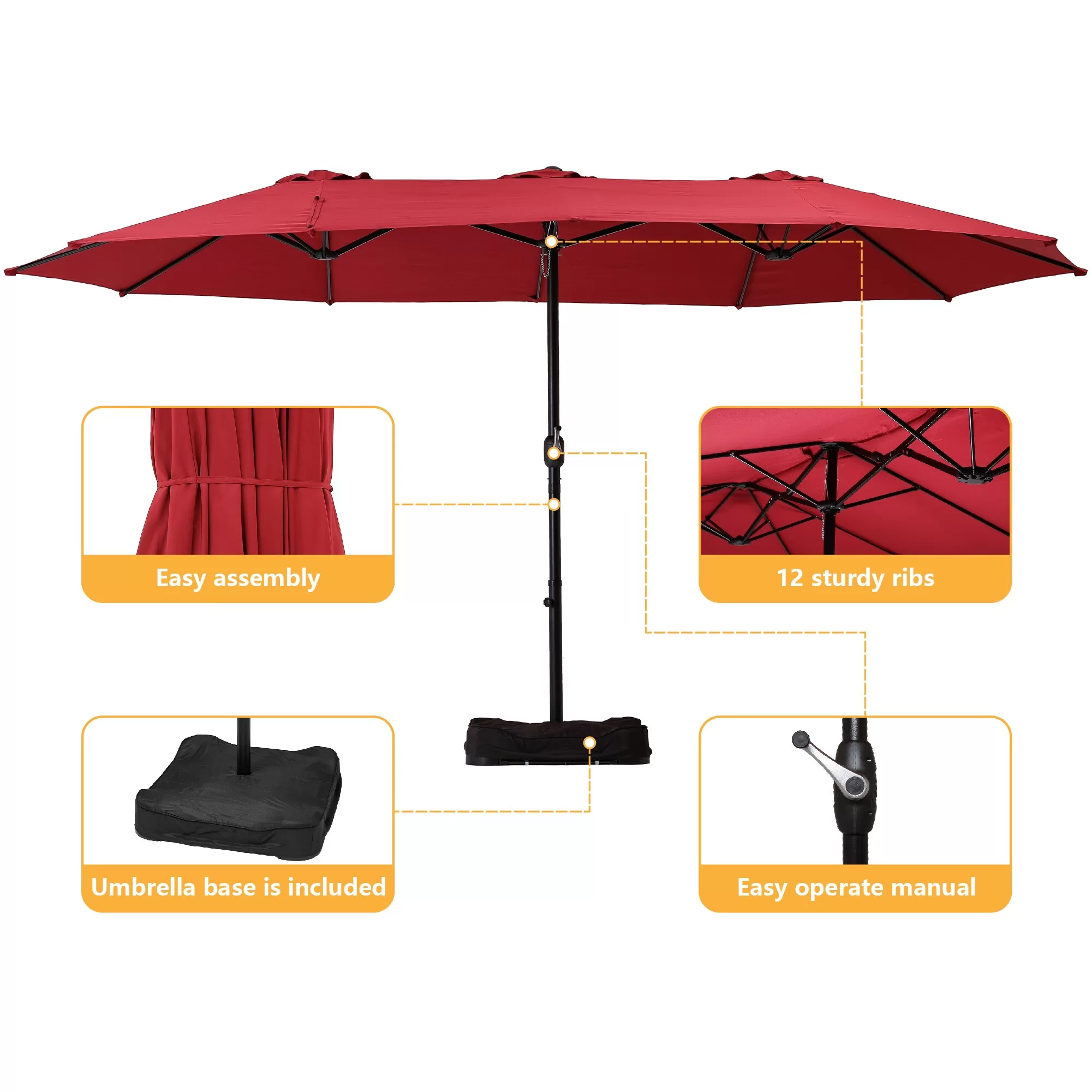 Clihome 15-ft Burgundy No-tilt Market Patio Umbrella with Base - Image 5