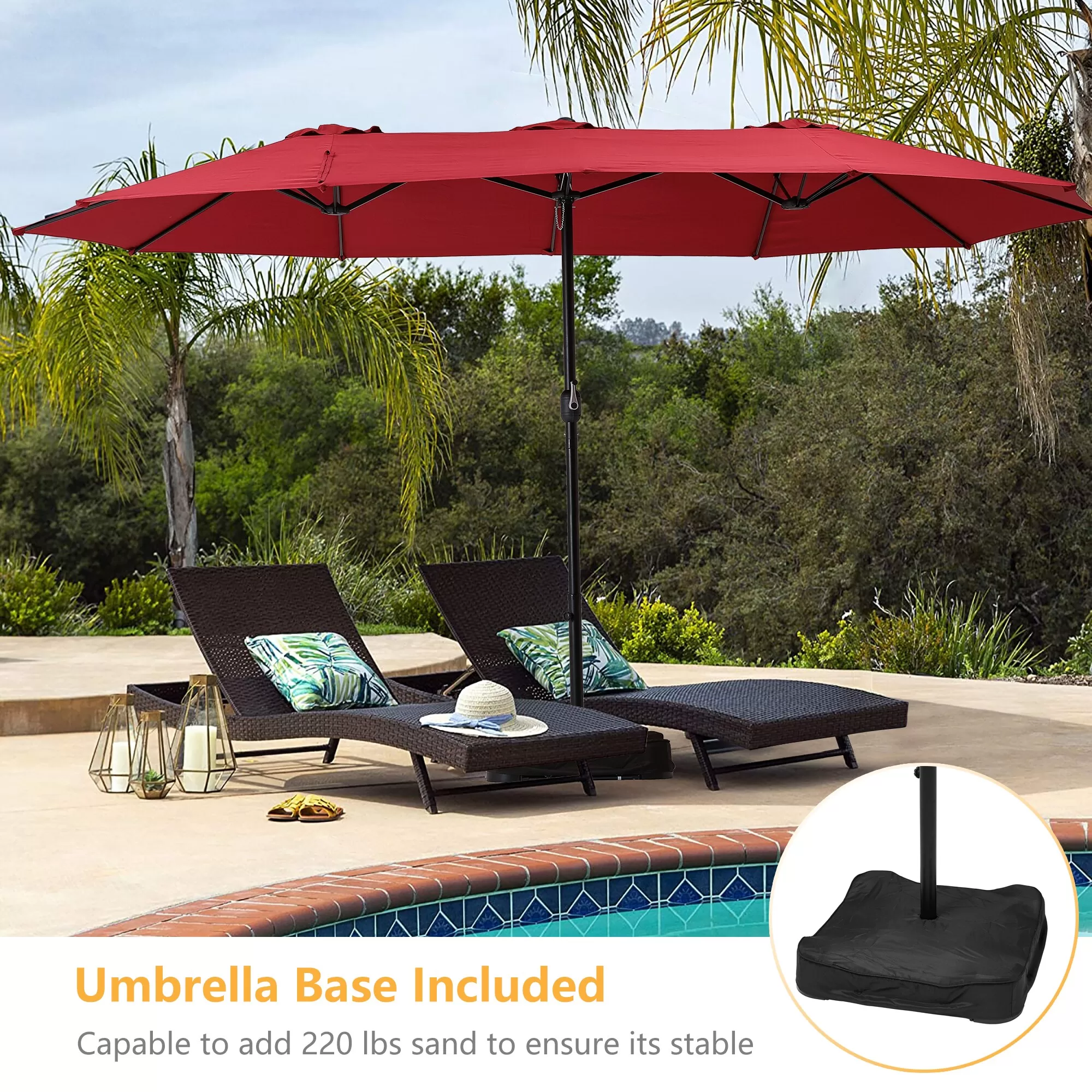 Clihome 15-ft Burgundy No-tilt Market Patio Umbrella with Base - Image 3