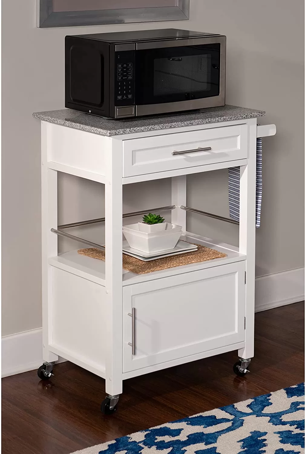Linon White Wood Base with Mdf Granite Top Rolling Kitchen Cart (27-in x 18-in x 36-in) - Image 5