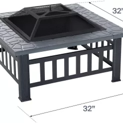 Ash Fire Pit - Square Outdoor Wood Burning and Grill for Camping and Picnic - Portable Steel Frame with Legs, Mesh Cover, Poker - Bonfire and Cooking in The Patio, Deck, Garden, Backyard