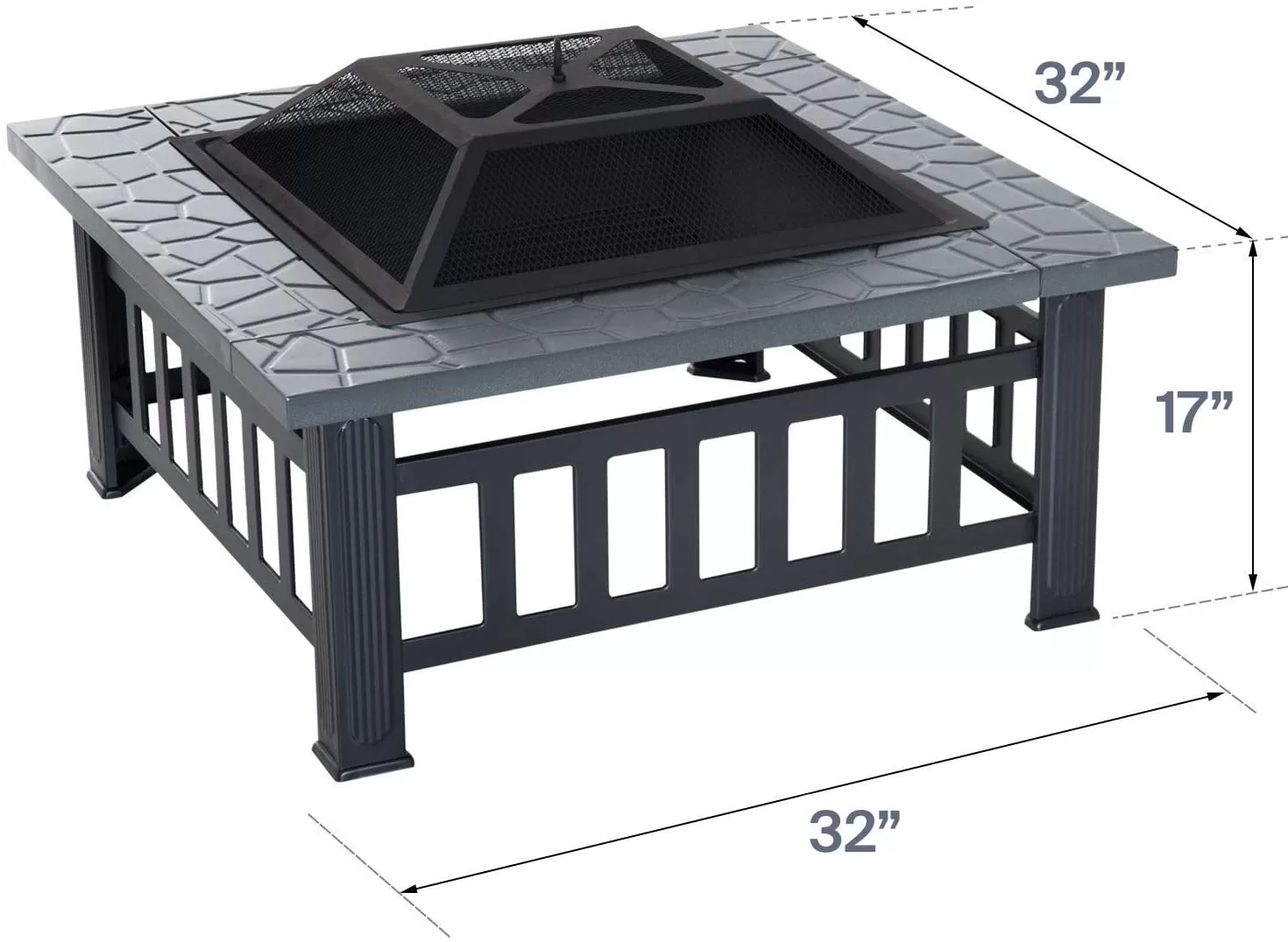 Ash Fire Pit - Square Outdoor Wood Burning and Grill for Camping and Picnic - Portable Steel Frame with Legs, Mesh Cover, Poker - Bonfire and Cooking in The Patio, Deck, Garden, Backyard